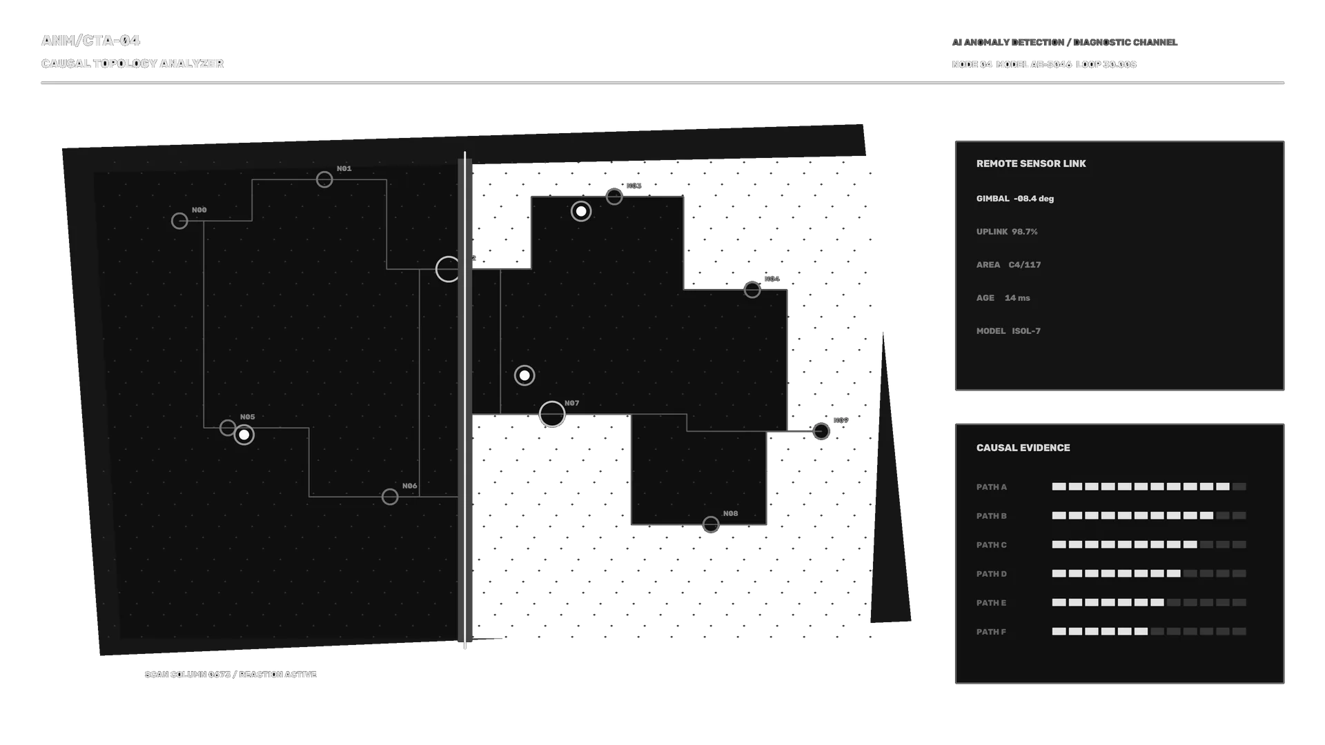 Monochrome causal topology analyzer interface — free 3840x2160 4K wallpaper image