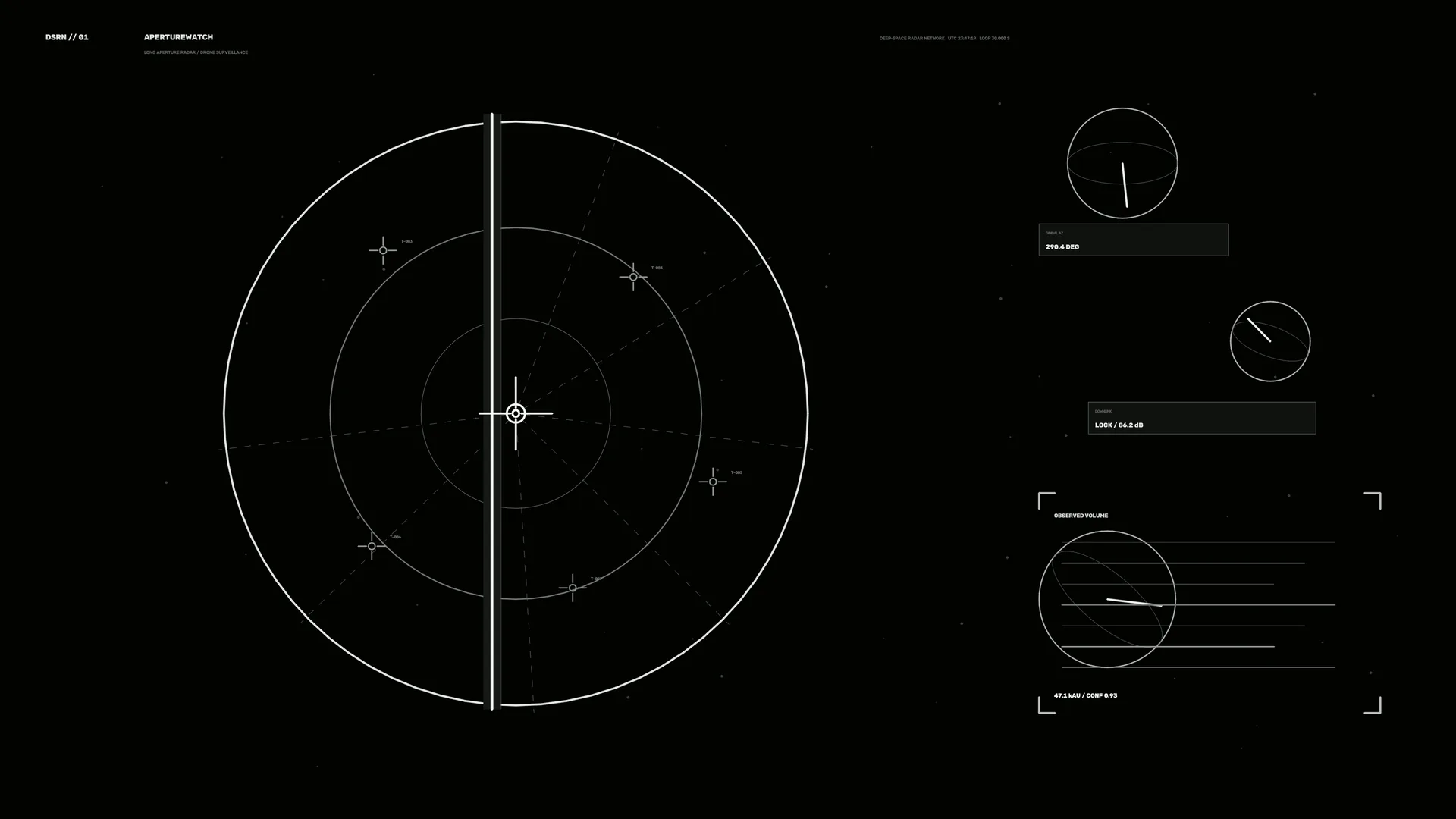 Monochrome radar interface with circular tracking geometry — free 3840x2160 4K wallpaper image