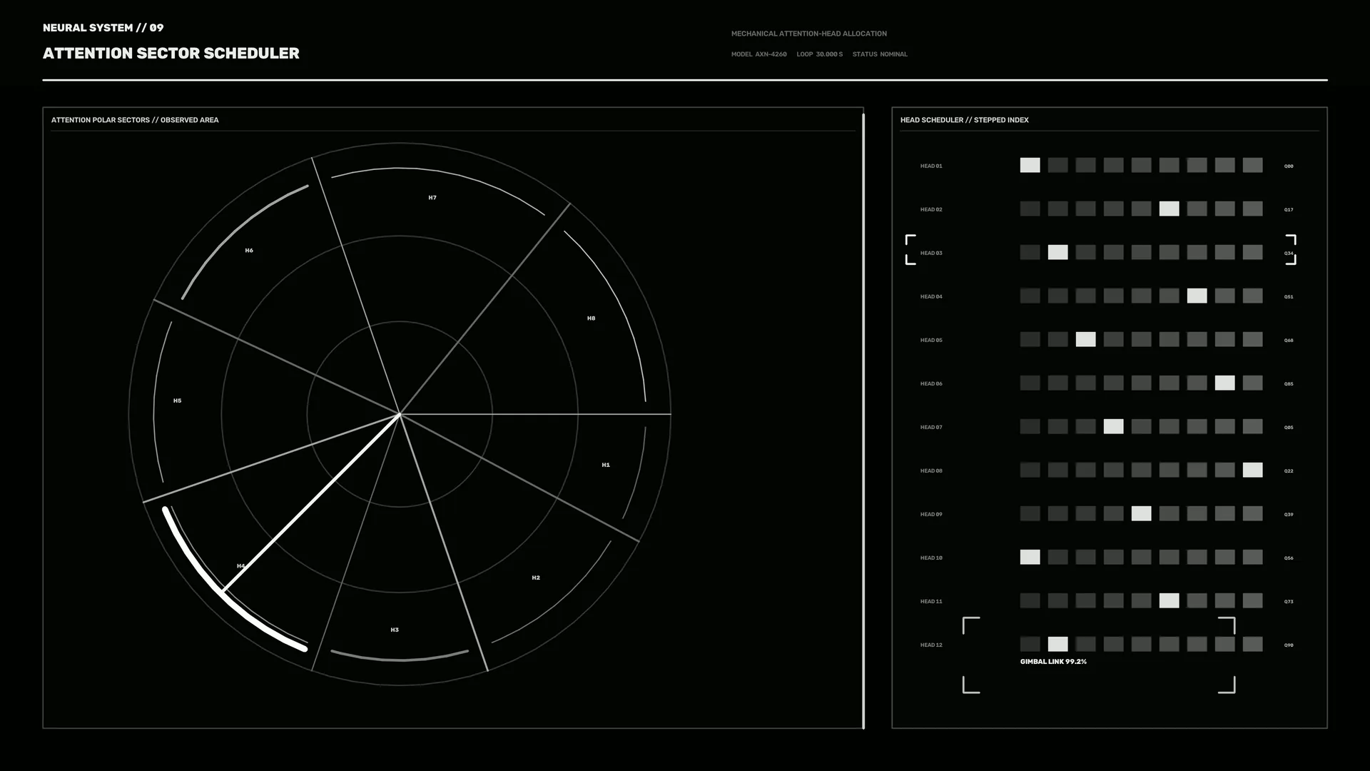 Monochrome neural attention sector scheduler — free 3840x2160 4K wallpaper image