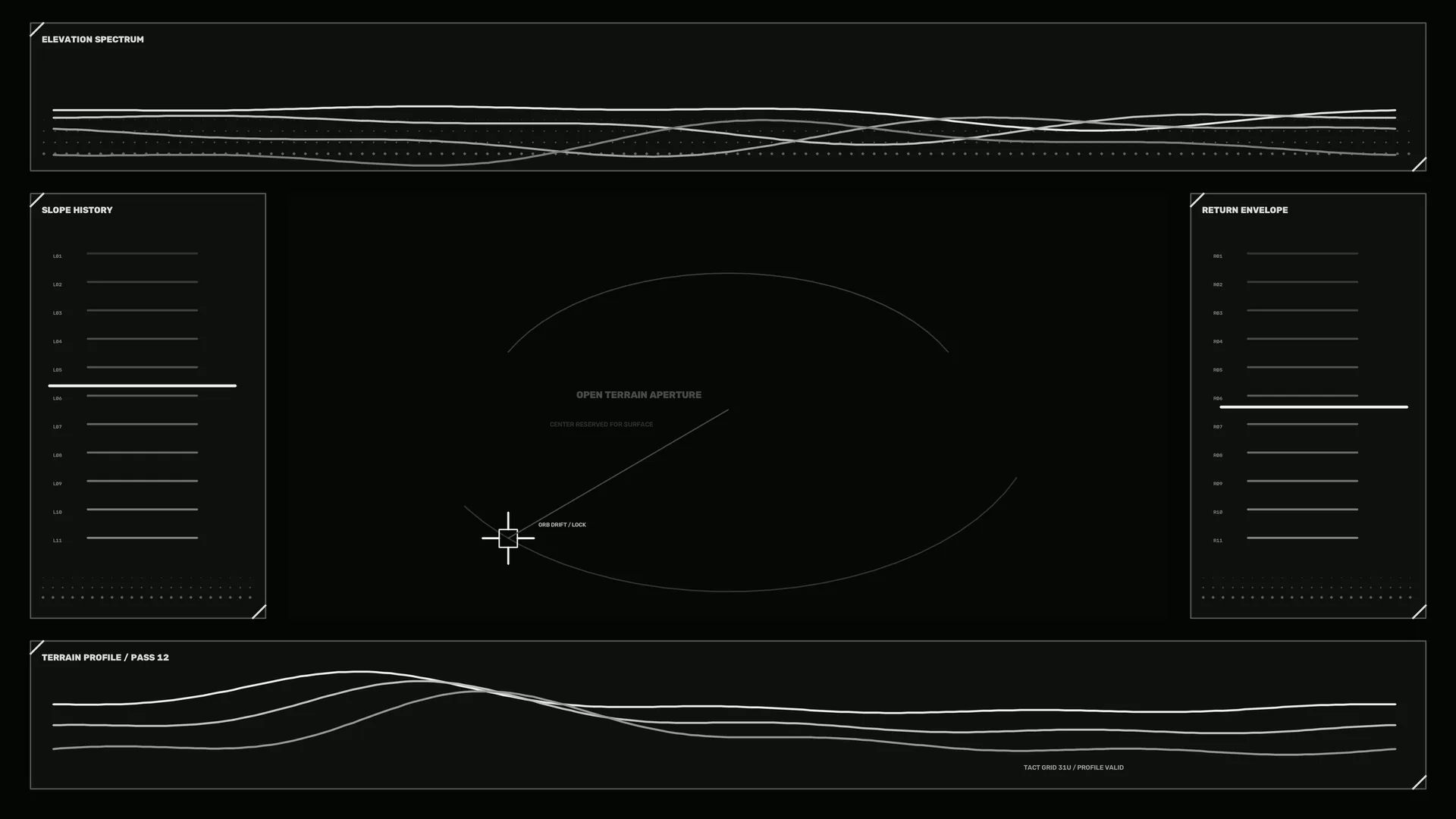 Monochrome terrain analysis interface with orbit lines — free 3840x2160 4K wallpaper image