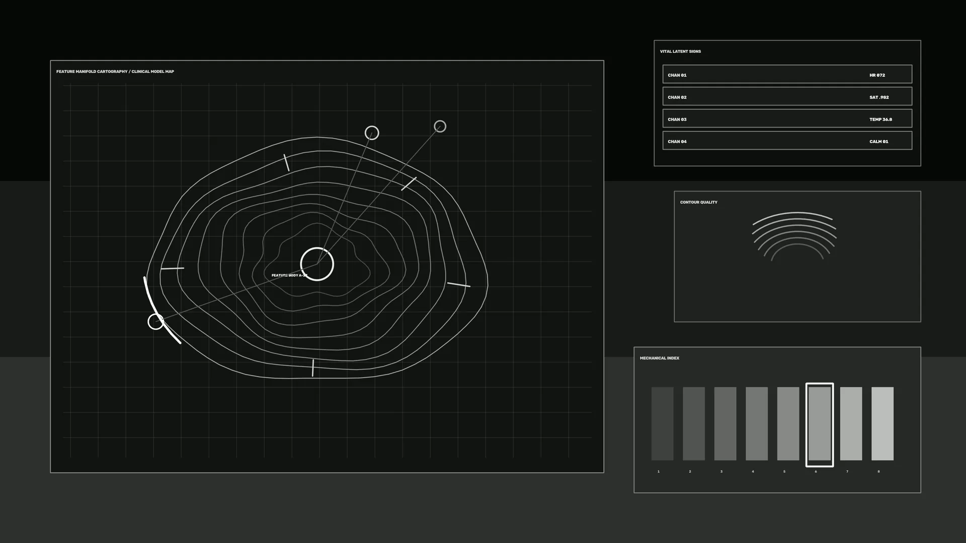 Monochrome contour map with diagnostic panels — free 3840x2160 4K wallpaper image