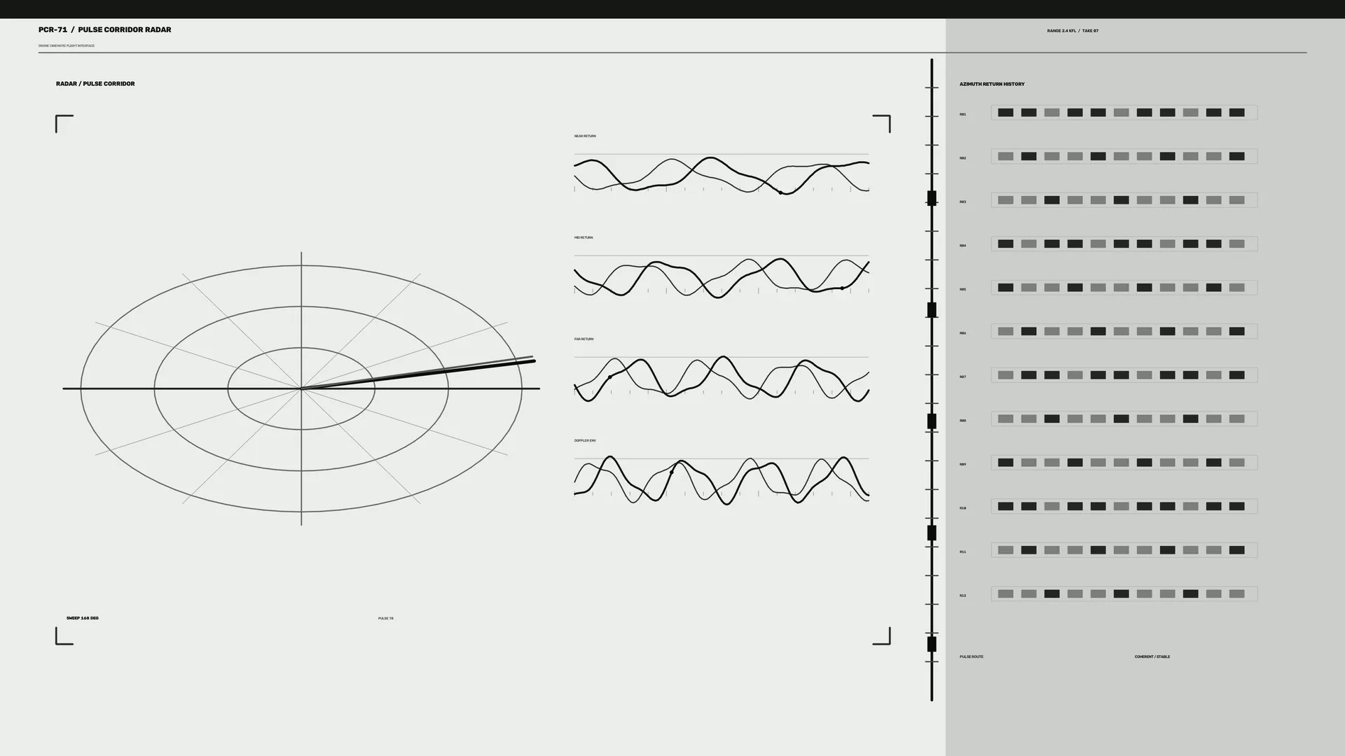 Monochrome radar corridor with signal graphs — free 3840x2160 4K wallpaper image