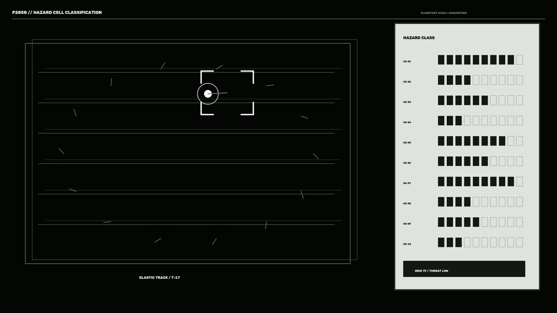 Monochrome hazard grid with tracking reticle — free 3840x2160 4K wallpaper image