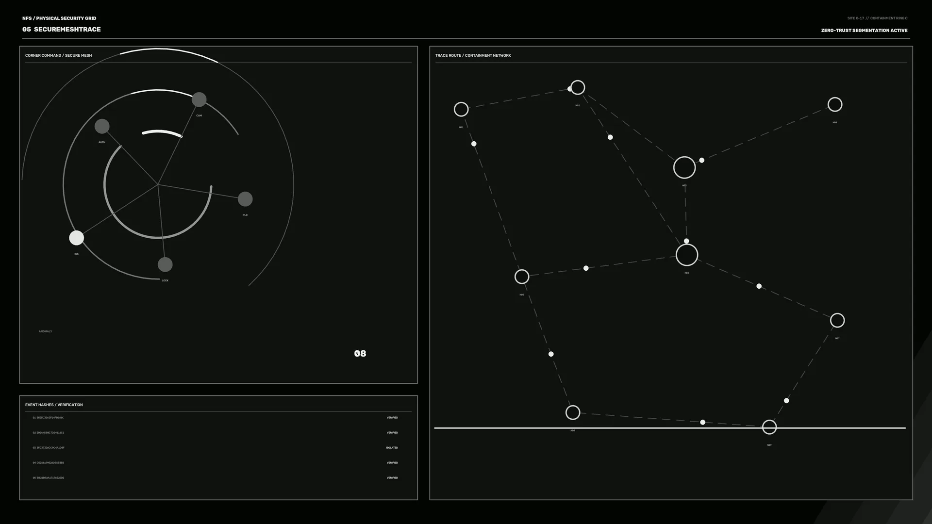 Monochrome network security diagram with orbit geometry — free 3840x2160 4K wallpaper image