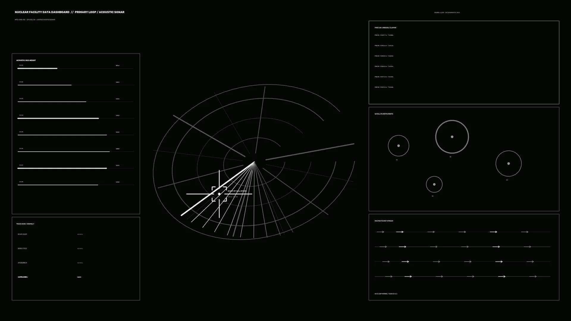 Black acoustic sonar dashboard with radial geometry — free 3840x2160 4K wallpaper image