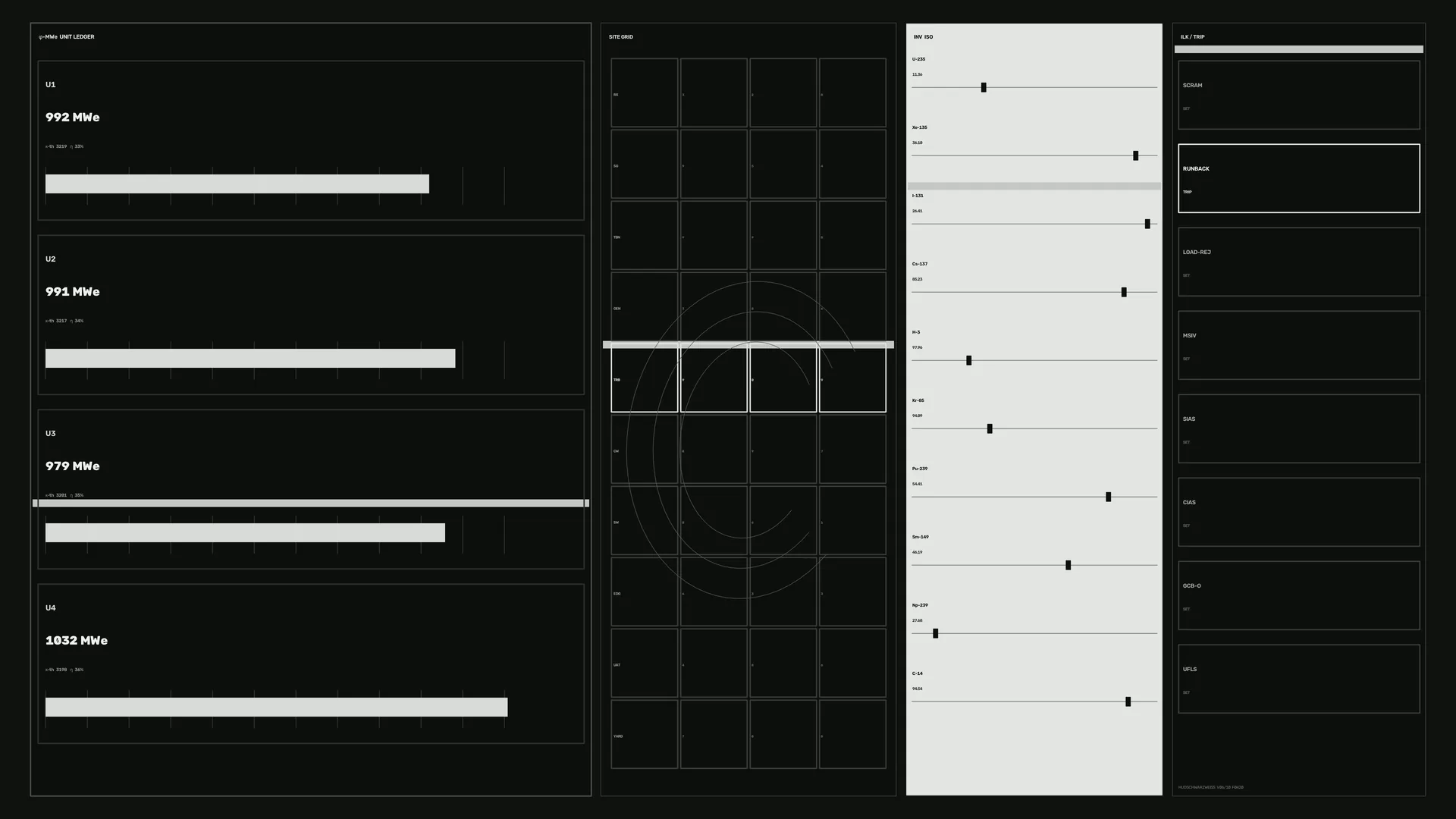 Monochrome power grid dashboard with orbital geometry — free 3840x2160 4K wallpaper image