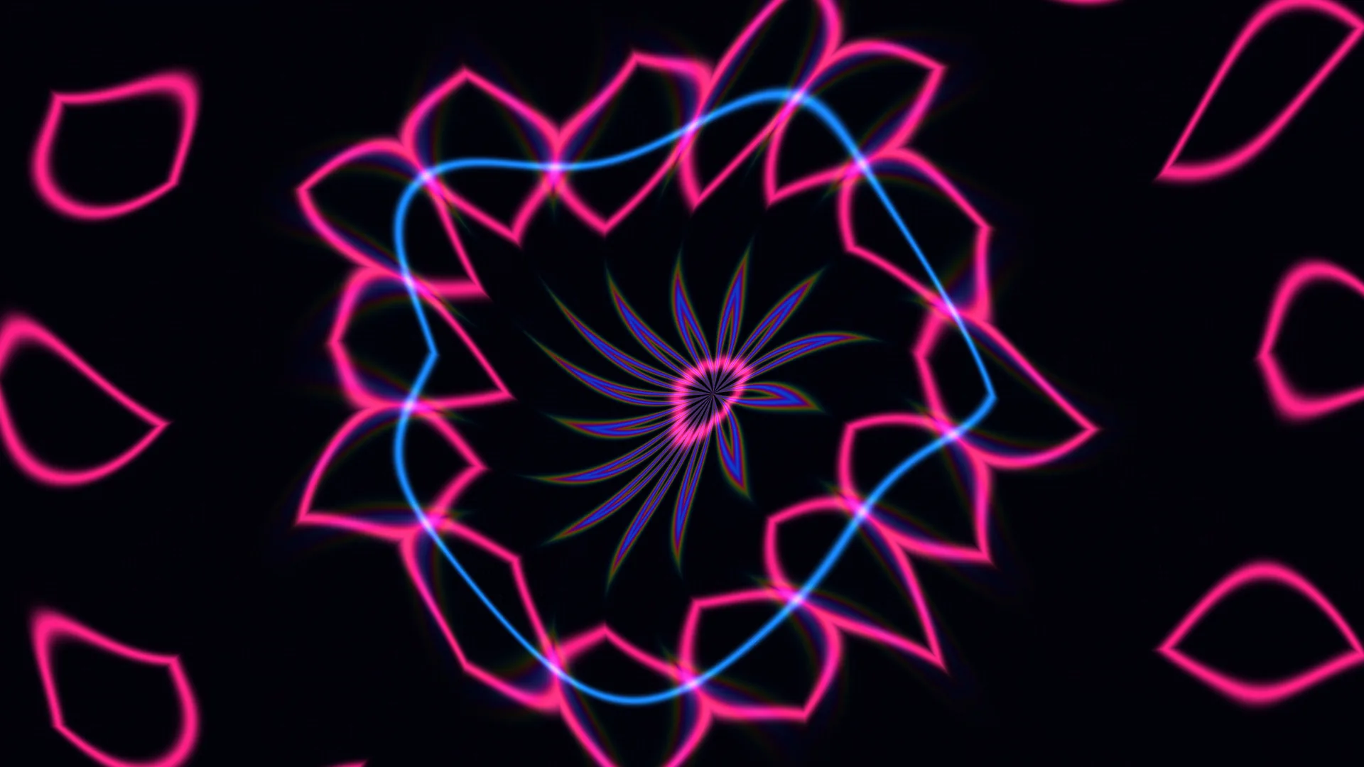 Neon magenta flower with blue orbital curves — free 3840x2160 4K wallpaper image