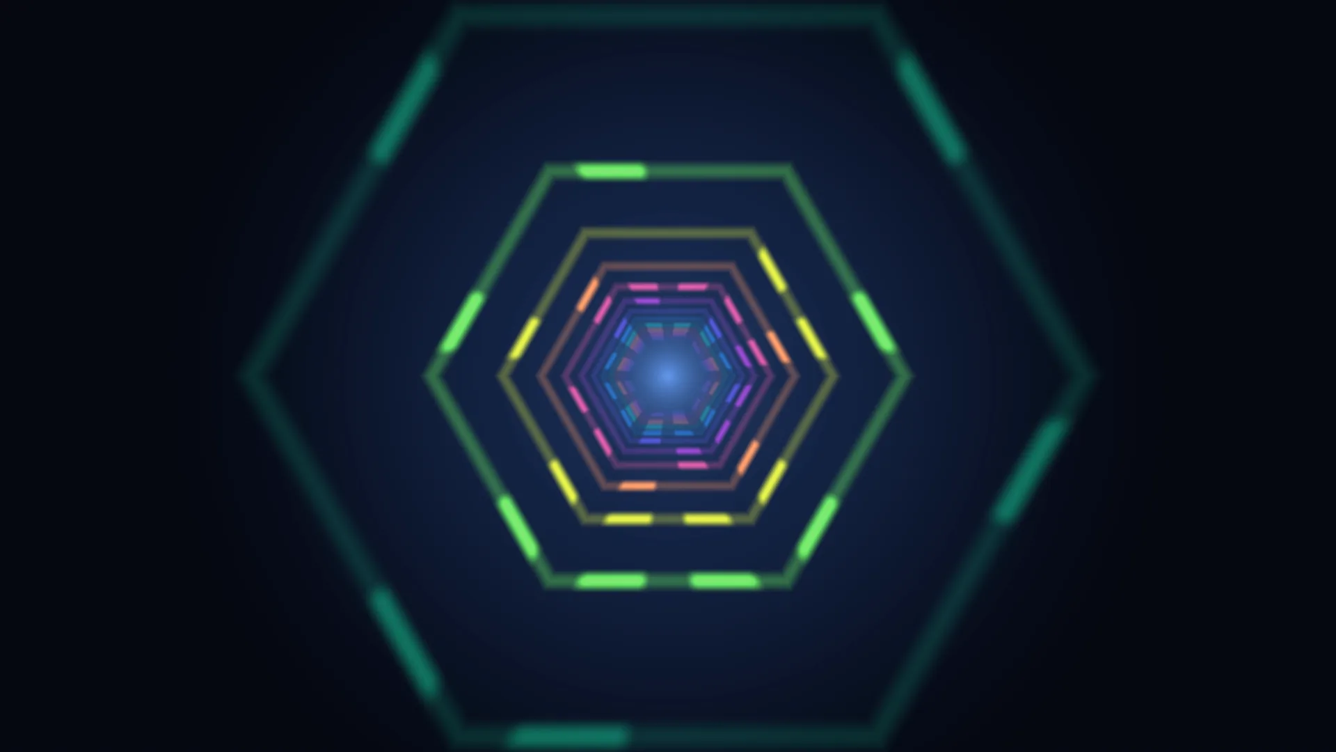 Concentric neon hexagons in a blue tunnel — free 3840x2160 4K wallpaper image