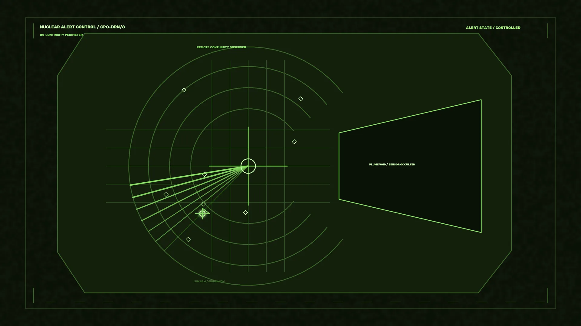 Green radar schematic with sensor occlusion panel — free 3840x2160 4K wallpaper image
