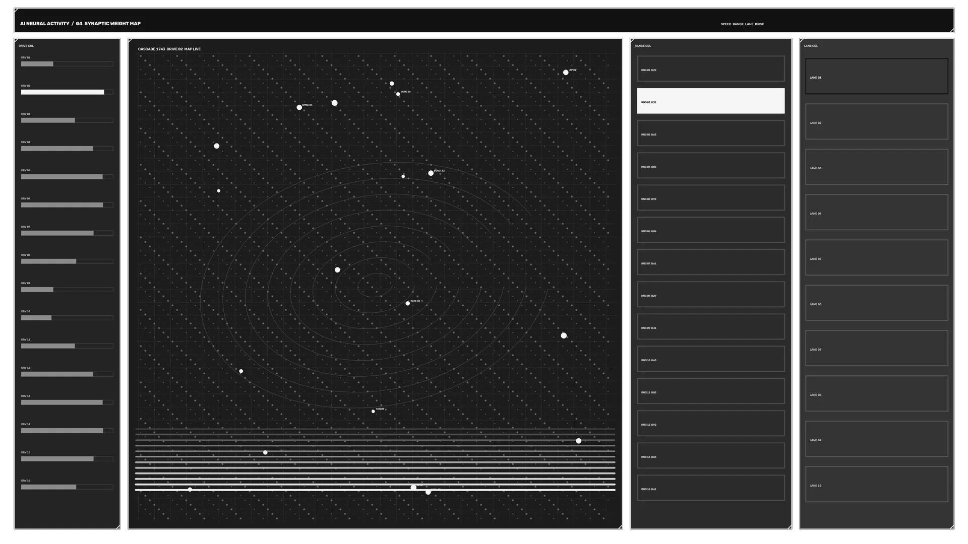 Monochrome neural activity map with orbital geometry — free 3840x2160 4K wallpaper image