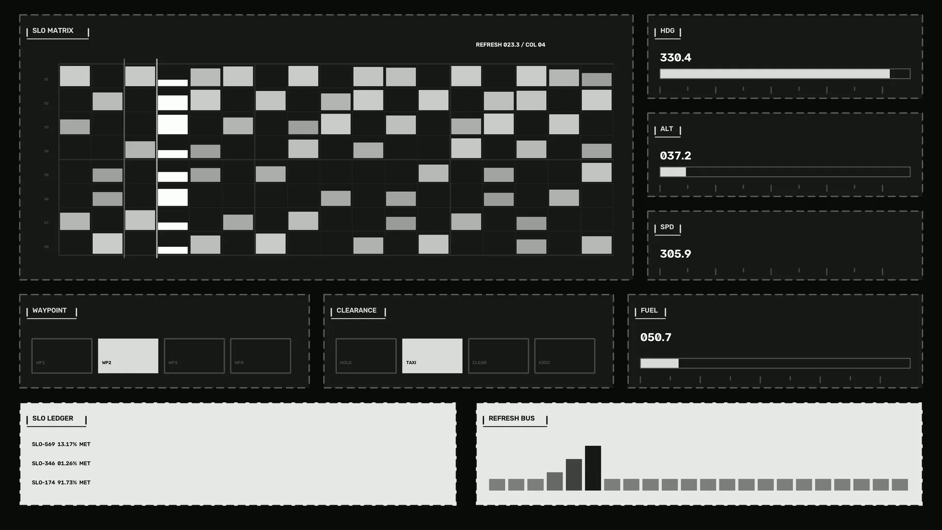 Monochrome spacecraft telemetry grid interface — free 3840x2160 4K wallpaper image