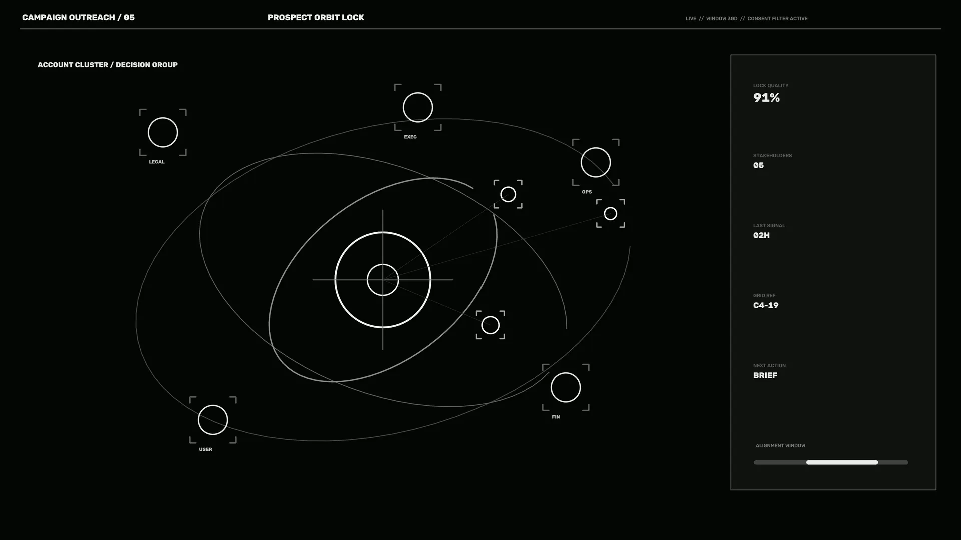 Orbital network diagram on a black interface — free 3840x2160 4K wallpaper image
