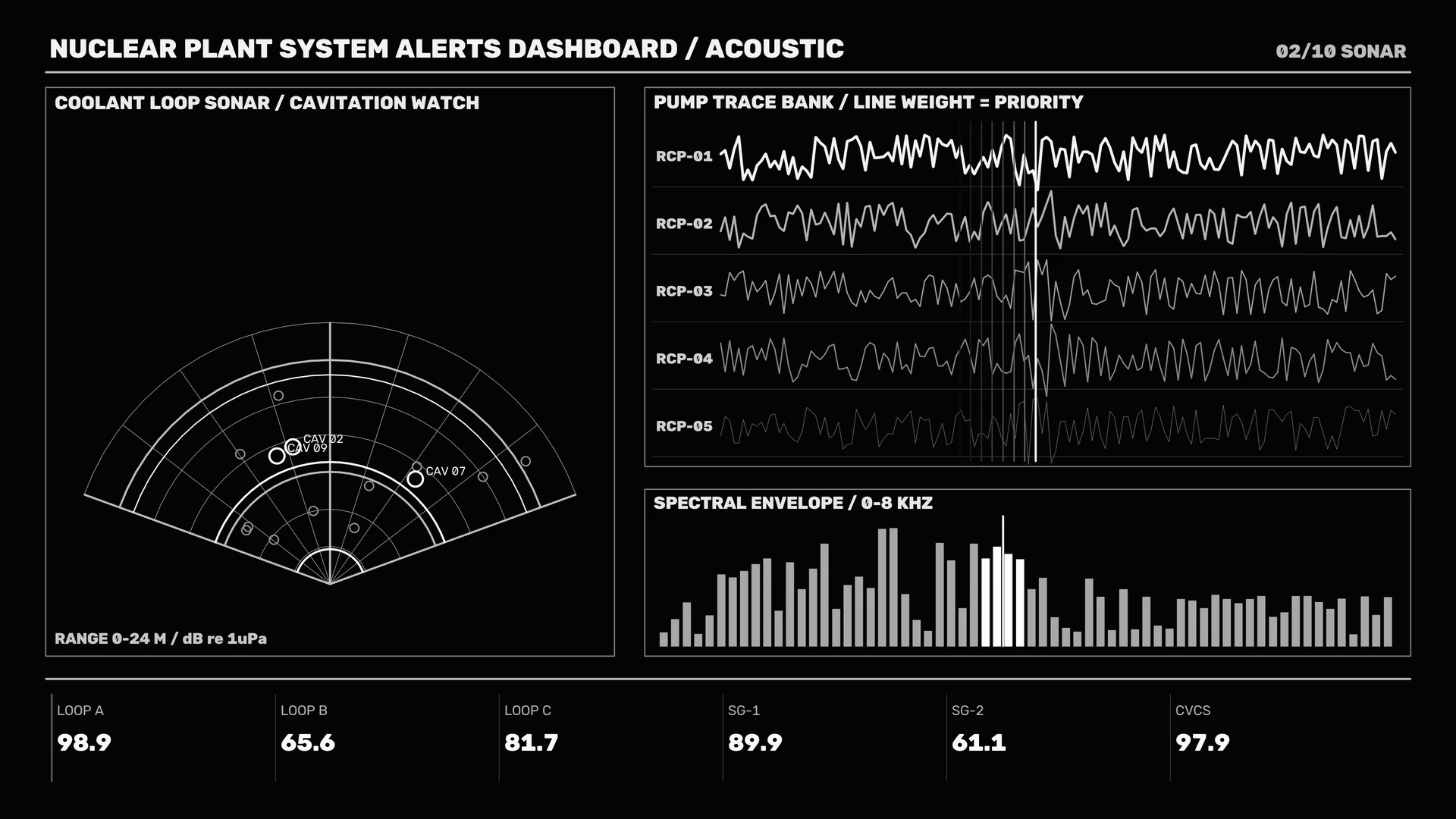 Monochrome nuclear plant sonar systems dashboard — free 3840x2160 4K wallpaper image