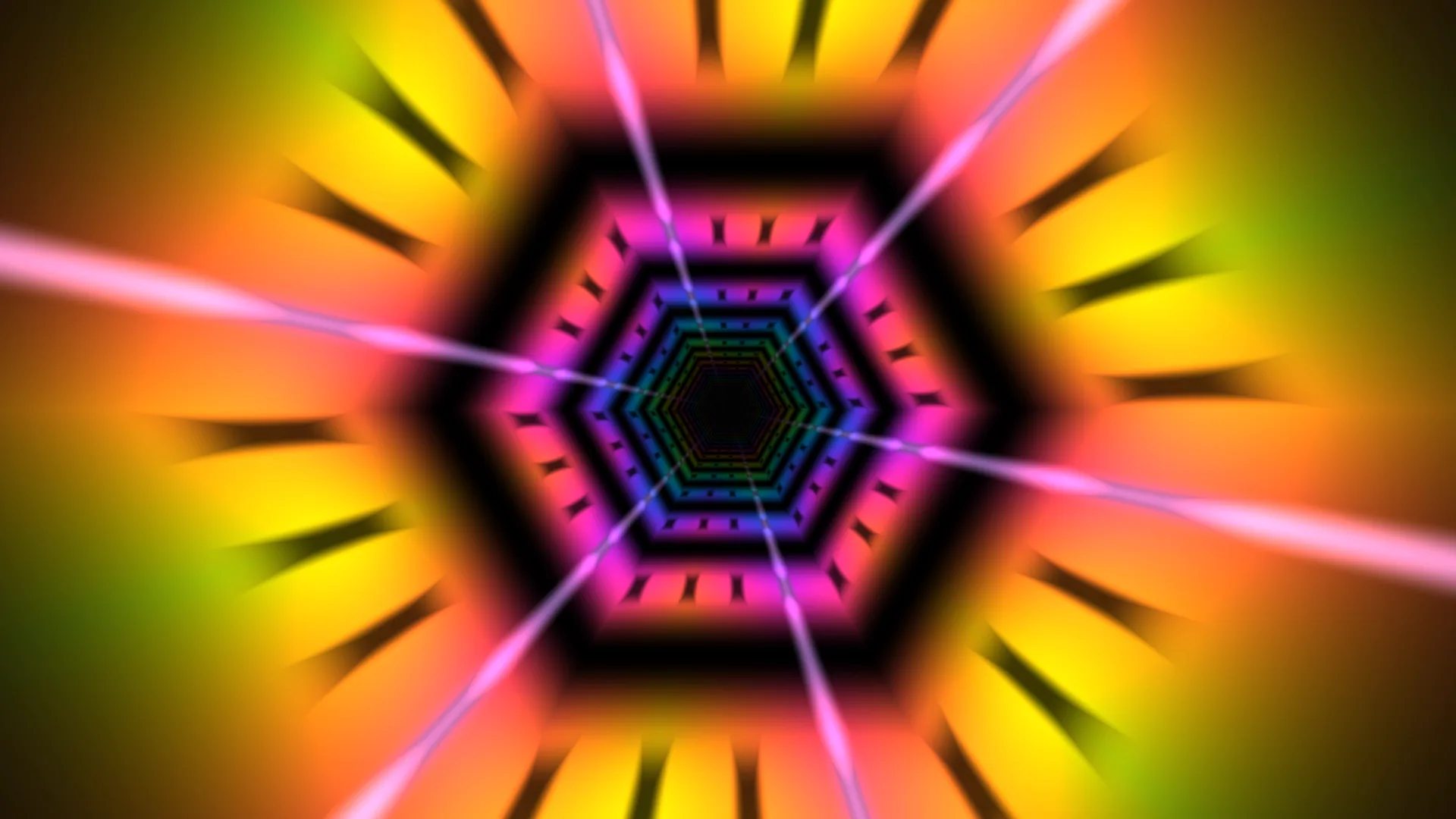Neon hexagonal tunnel with radial light bands — free 3840x2160 4K wallpaper image