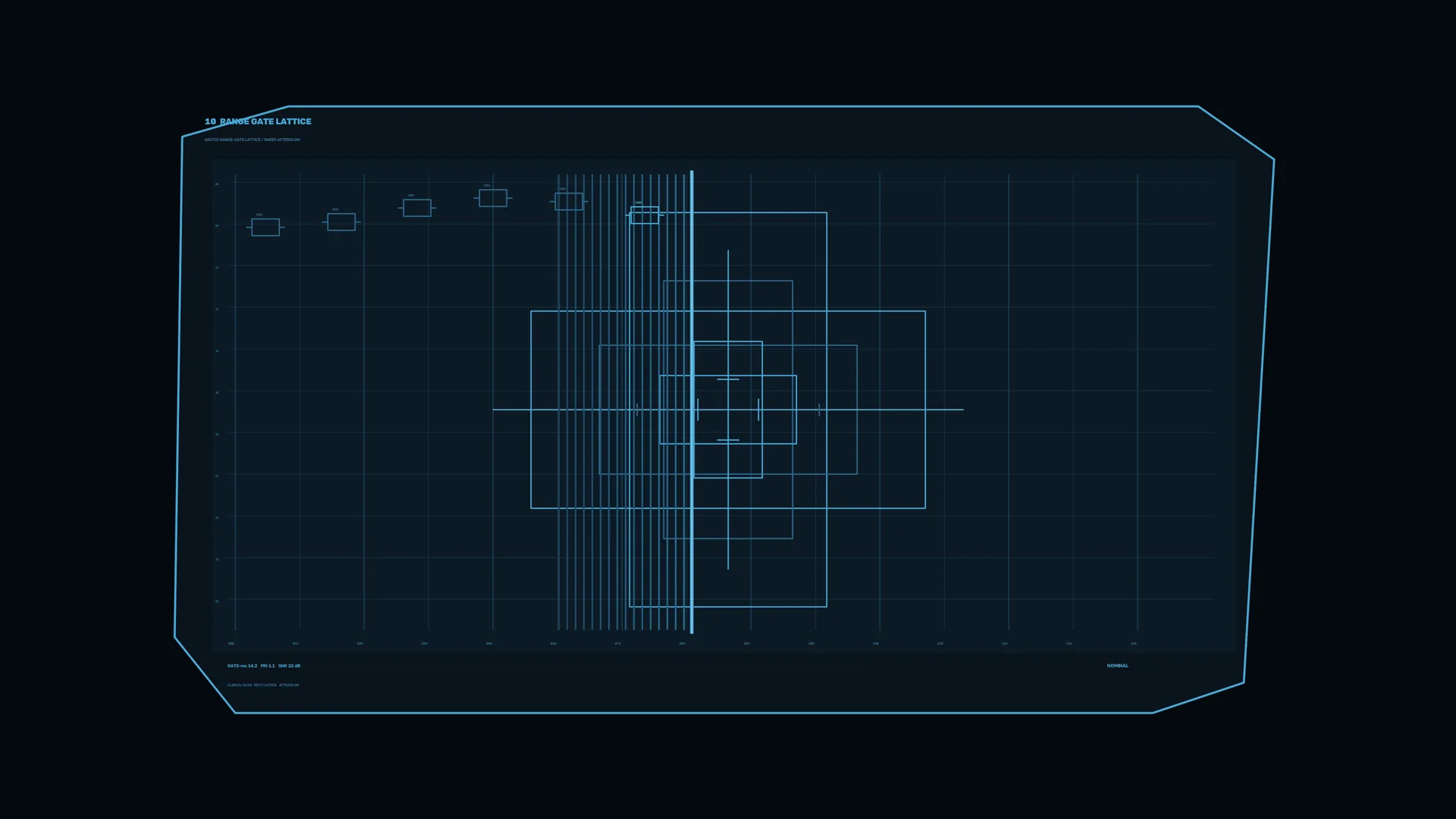 Blue range-gate lattice on a dark technical grid — free 3840x2160 4K wallpaper image