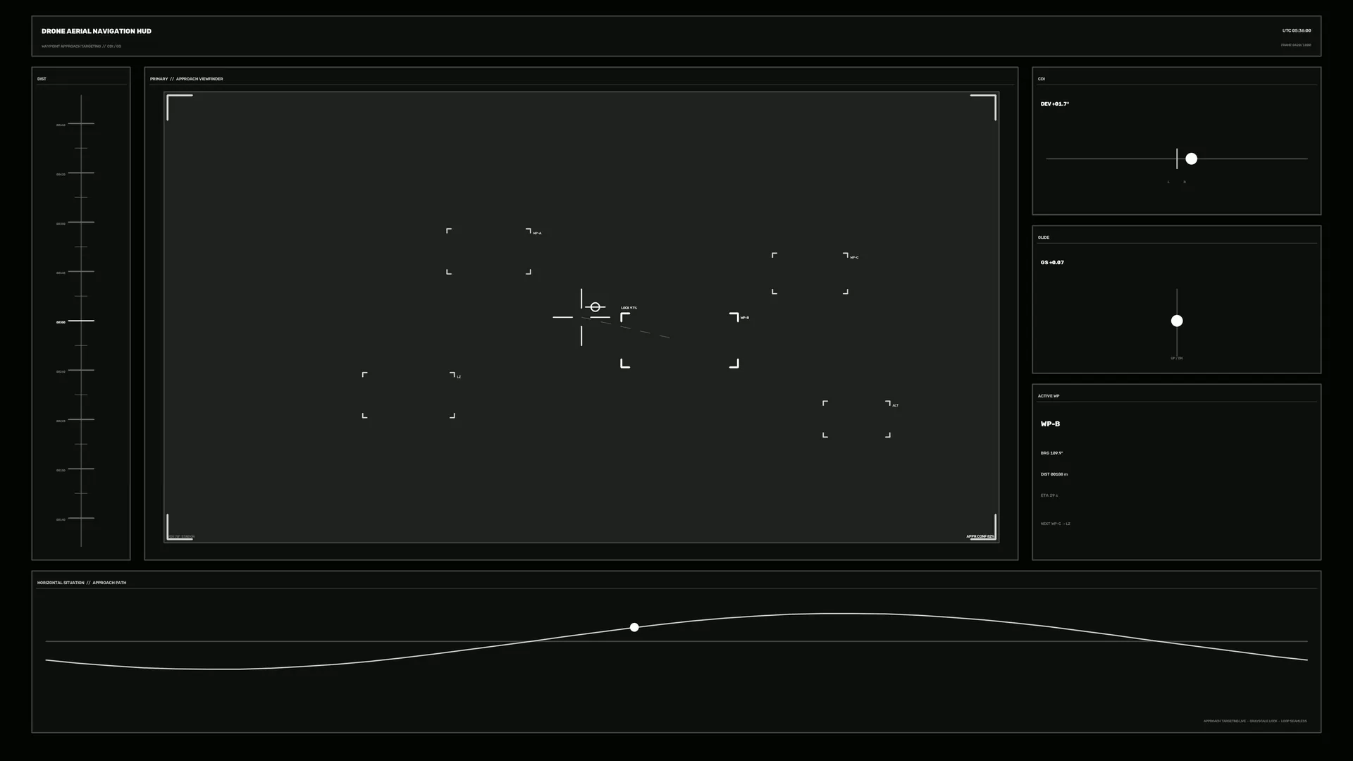 Dark aerial navigation HUD with tracking geometry — free 3840x2160 4K wallpaper image