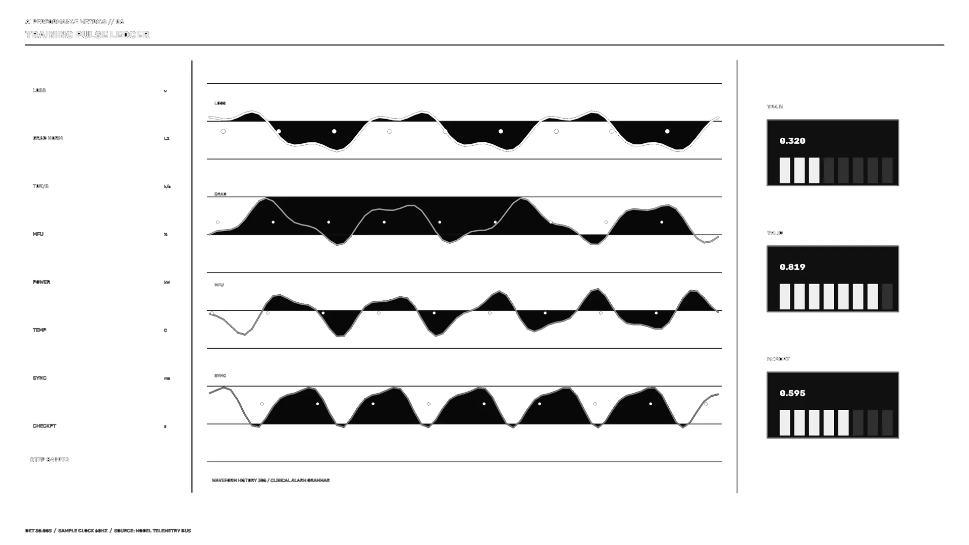 Monochrome training pulse dashboard with waveforms — free 3840x2160 4K wallpaper image