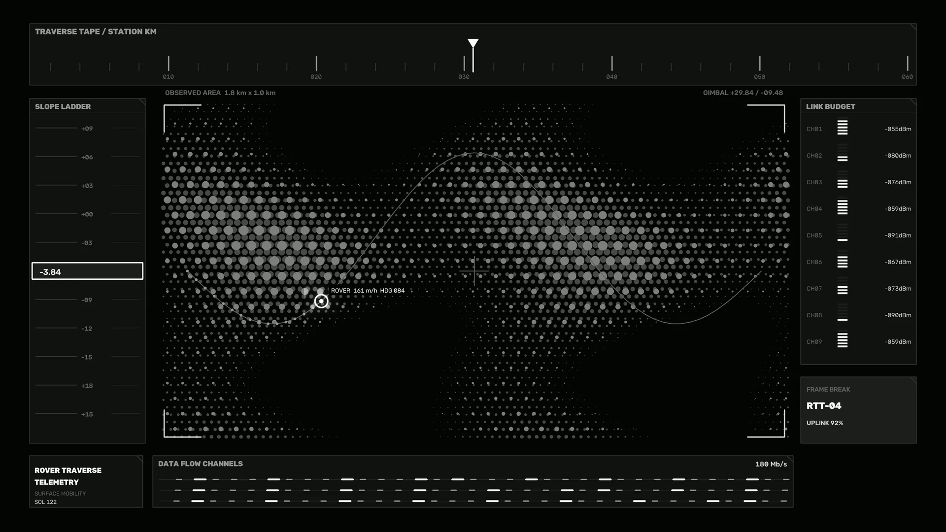 Monochrome rover telemetry with dotted terrain map — free 3840x2160 4K wallpaper image