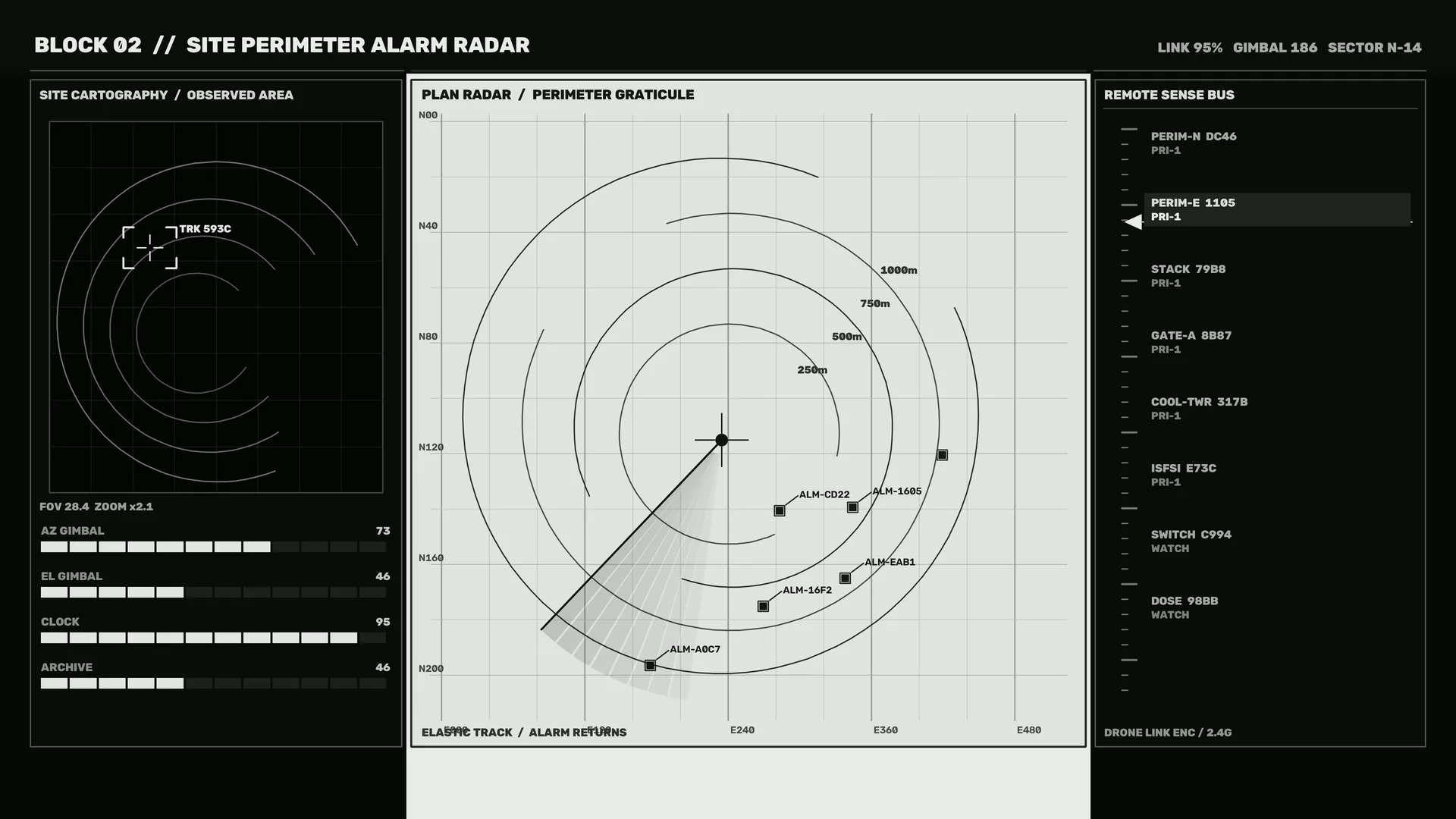Monochrome perimeter radar control schematic — free 3840x2160 4K wallpaper image