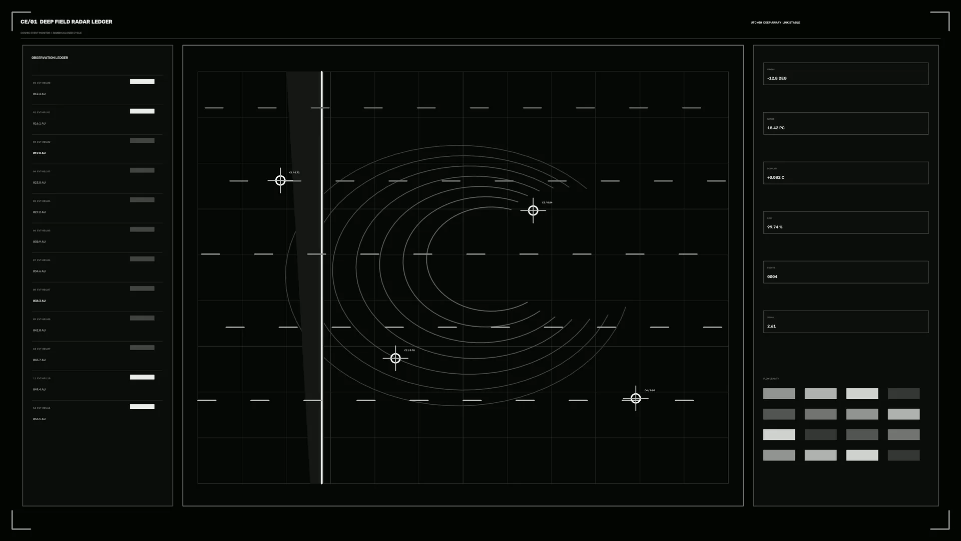 Monochrome orbital radar grid with tracking marks — free 3840x2160 4K wallpaper image