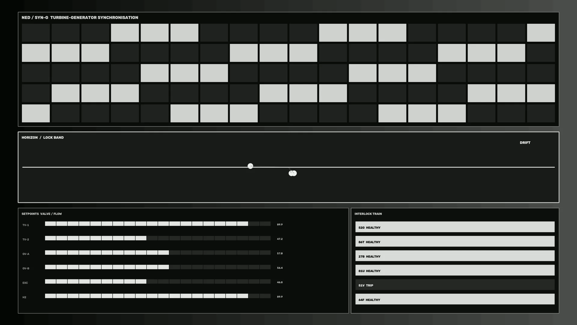 Monochrome turbine-generator control dashboard — free 3840x2160 4K wallpaper image