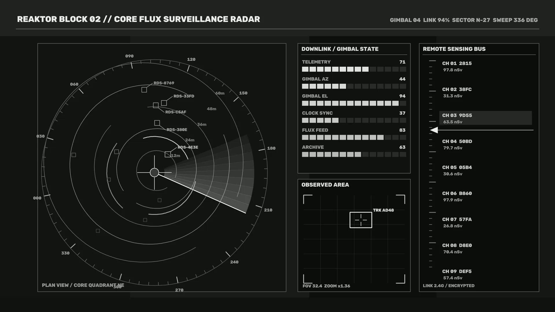Monochrome radar surveillance interface schematic — free 3840x2160 4K wallpaper image
