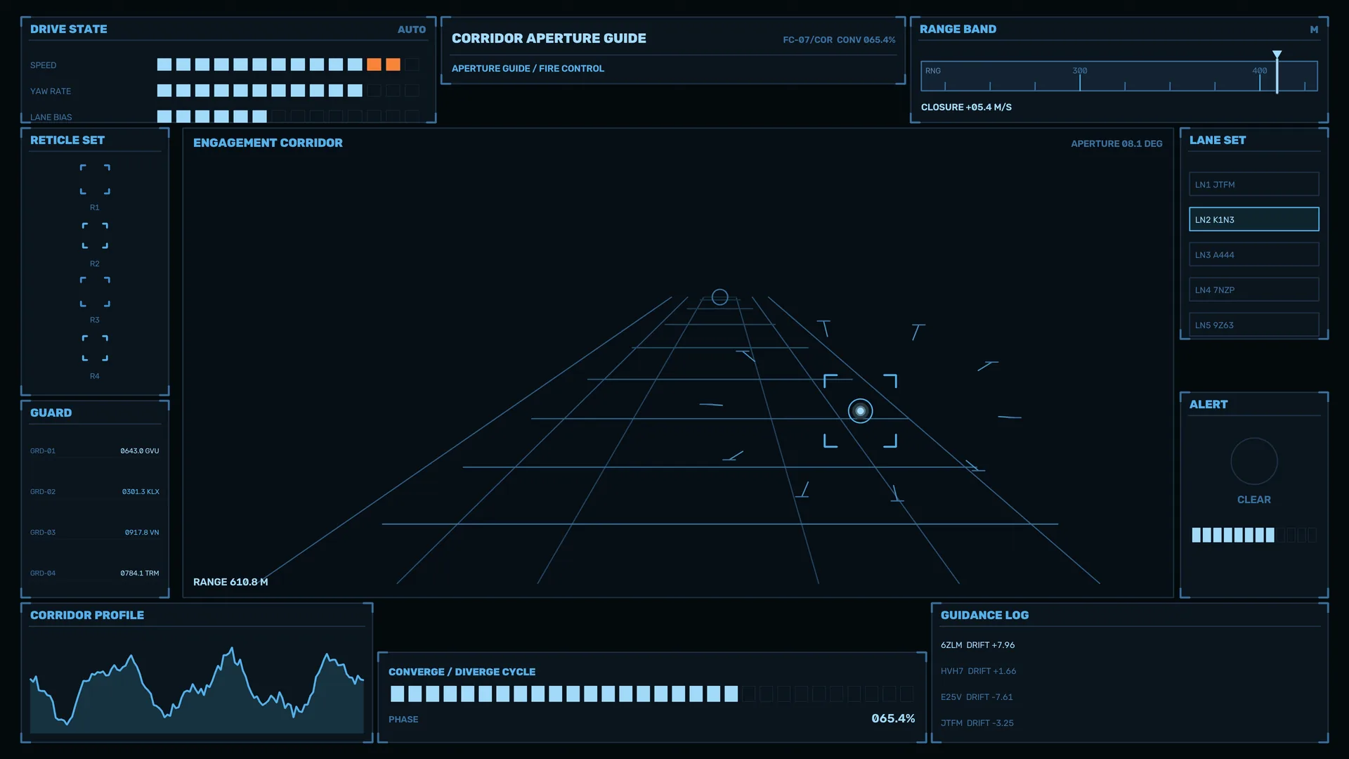 Blue tactical corridor interface with grid reticle — free 3840x2160 4K wallpaper image