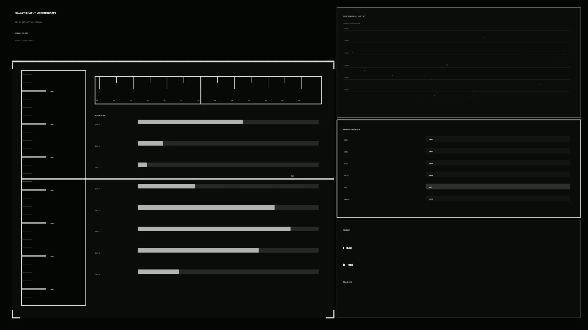 Monochrome Galactic Interface with Grid Panels — free 3840x2160 4K wallpaper image