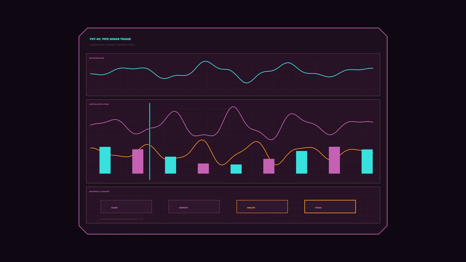 Neon pipe sonar triage dashboard — free 3840x2160 4K wallpaper image