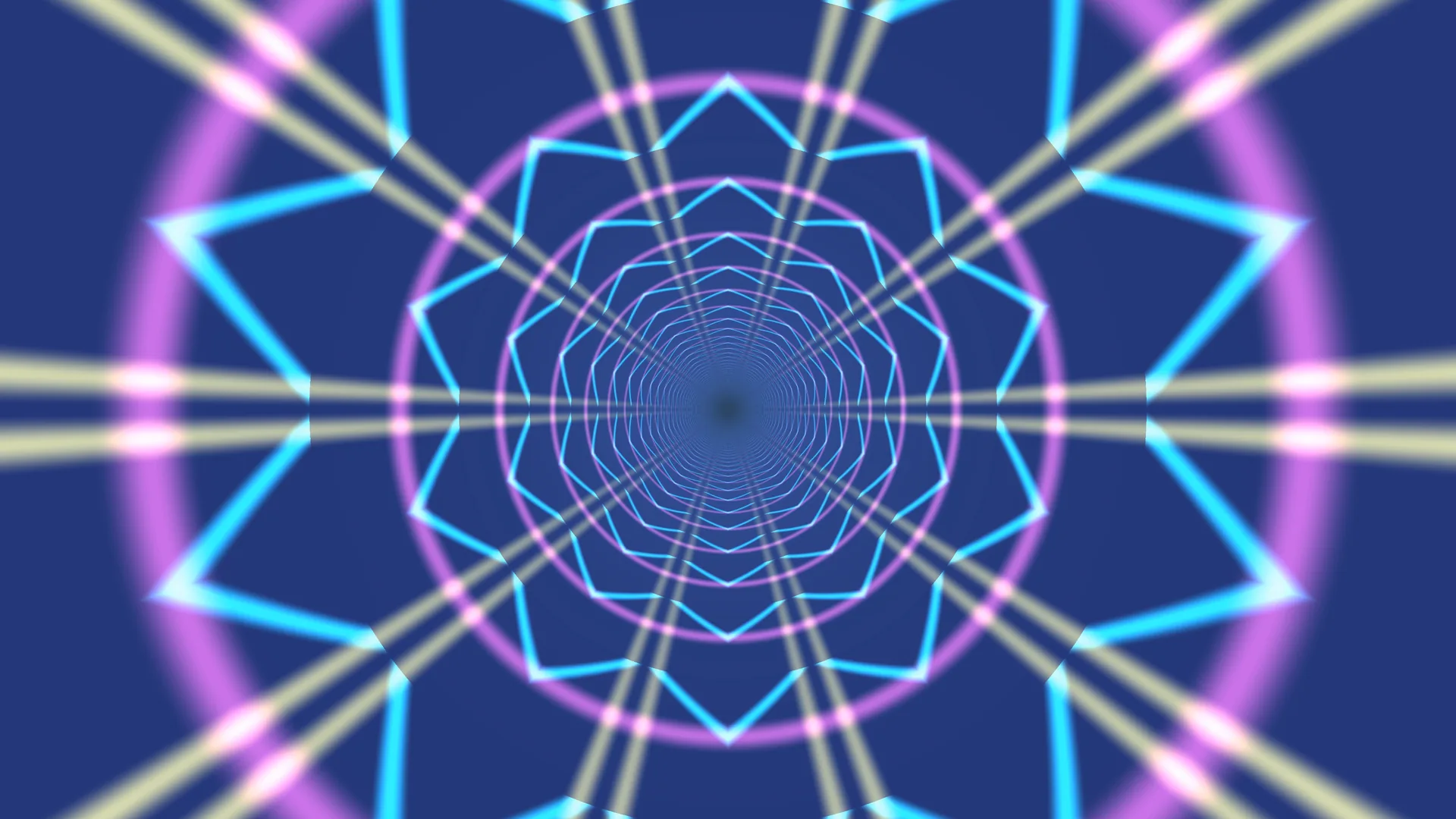 Neon polygon tunnel with radial light beams — free 3840x2160 4K wallpaper image