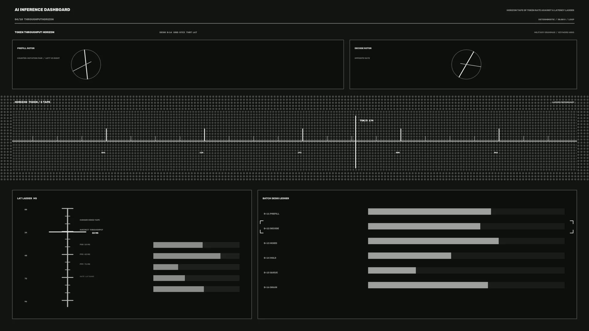 Monochrome AI inference dashboard with token grid — free 3840x2160 4K wallpaper image