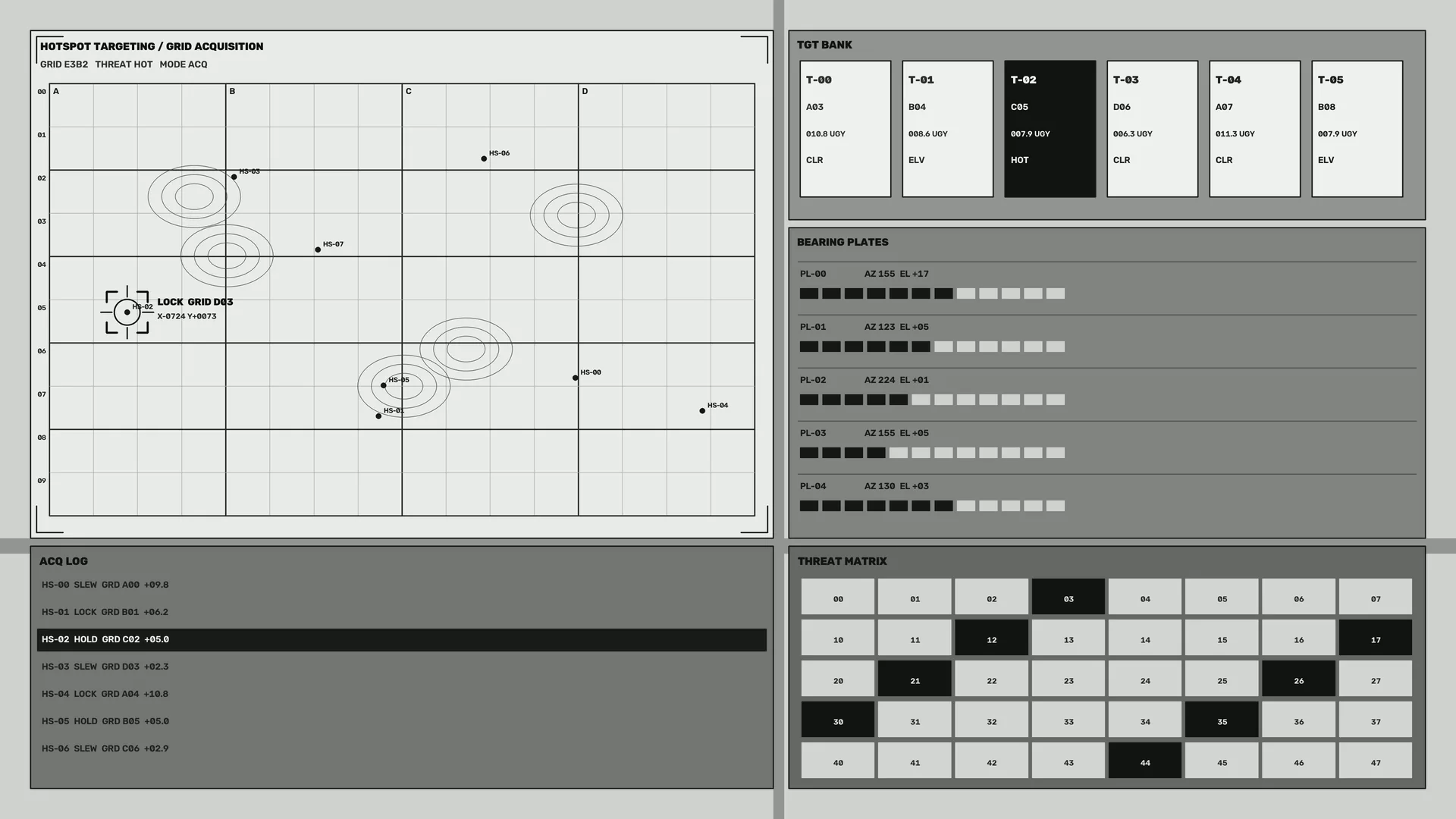 Monochrome targeting grid with tactical data panels — free 3840x2160 4K wallpaper image