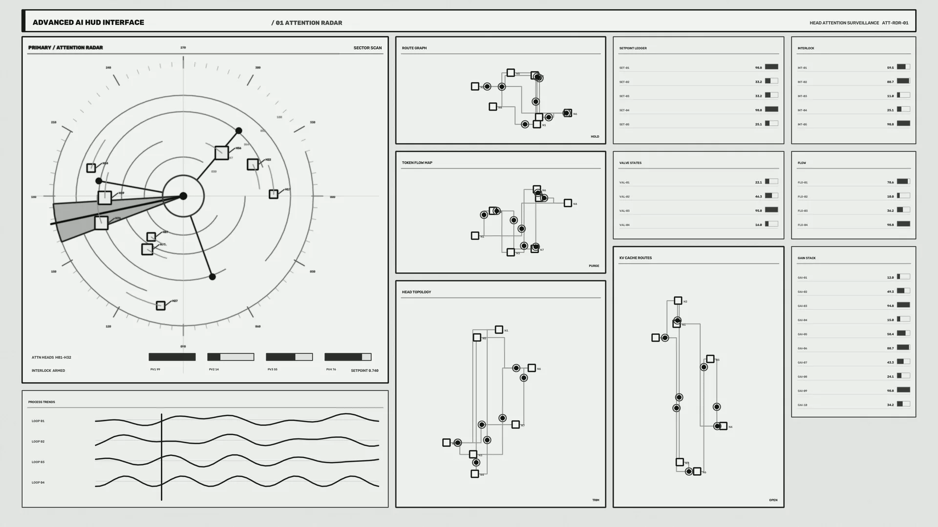 Monochrome AI attention radar interface diagram — free 3840x2160 4K wallpaper image