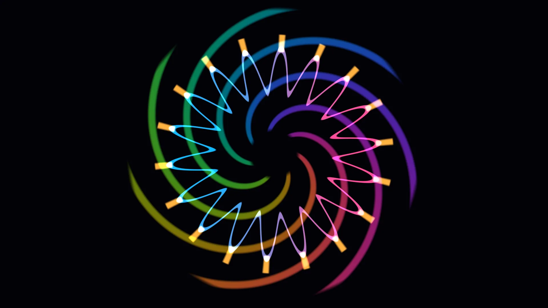 Neon radial spiral with segmented outer arcs — free 3840x2160 4K wallpaper image