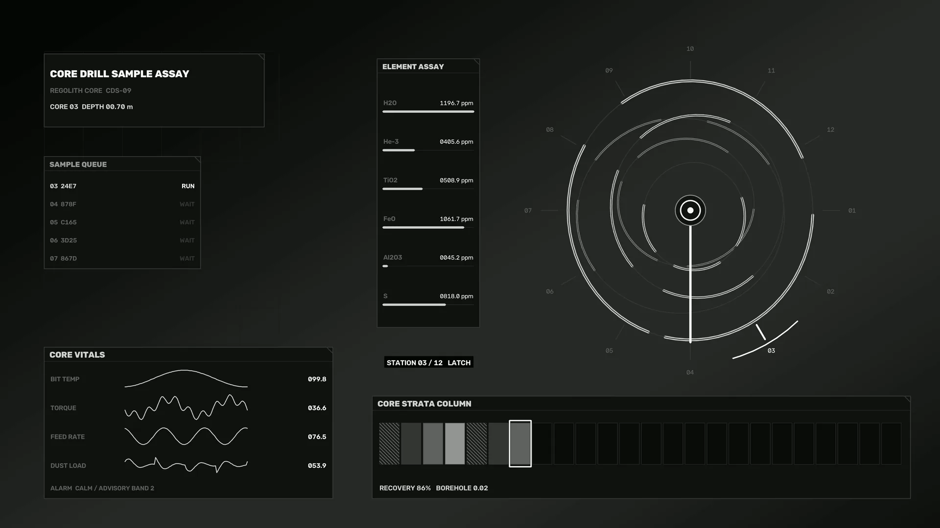 Dark Core Drill Assay Interface with Orbital Diagram — free 3840x2160 4K wallpaper image