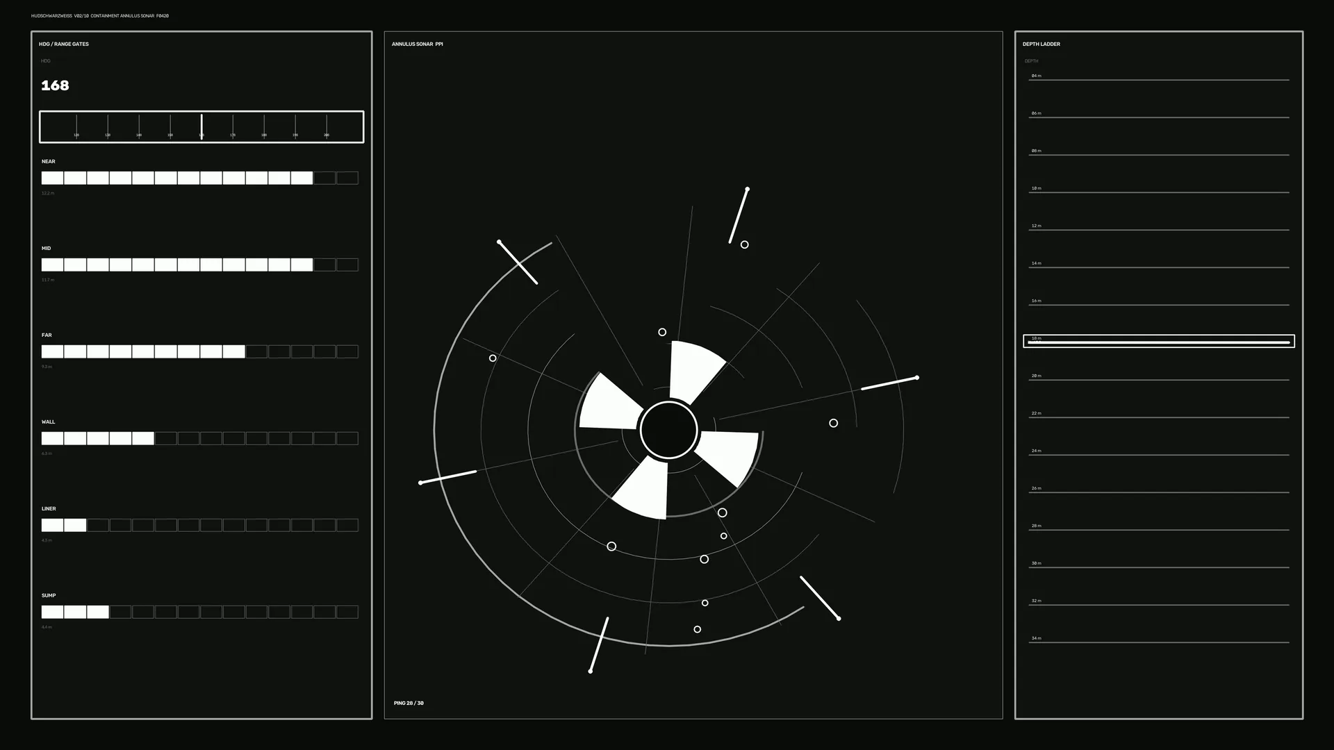 Monochrome sonar dashboard with radial signal map — free 3840x2160 4K wallpaper image