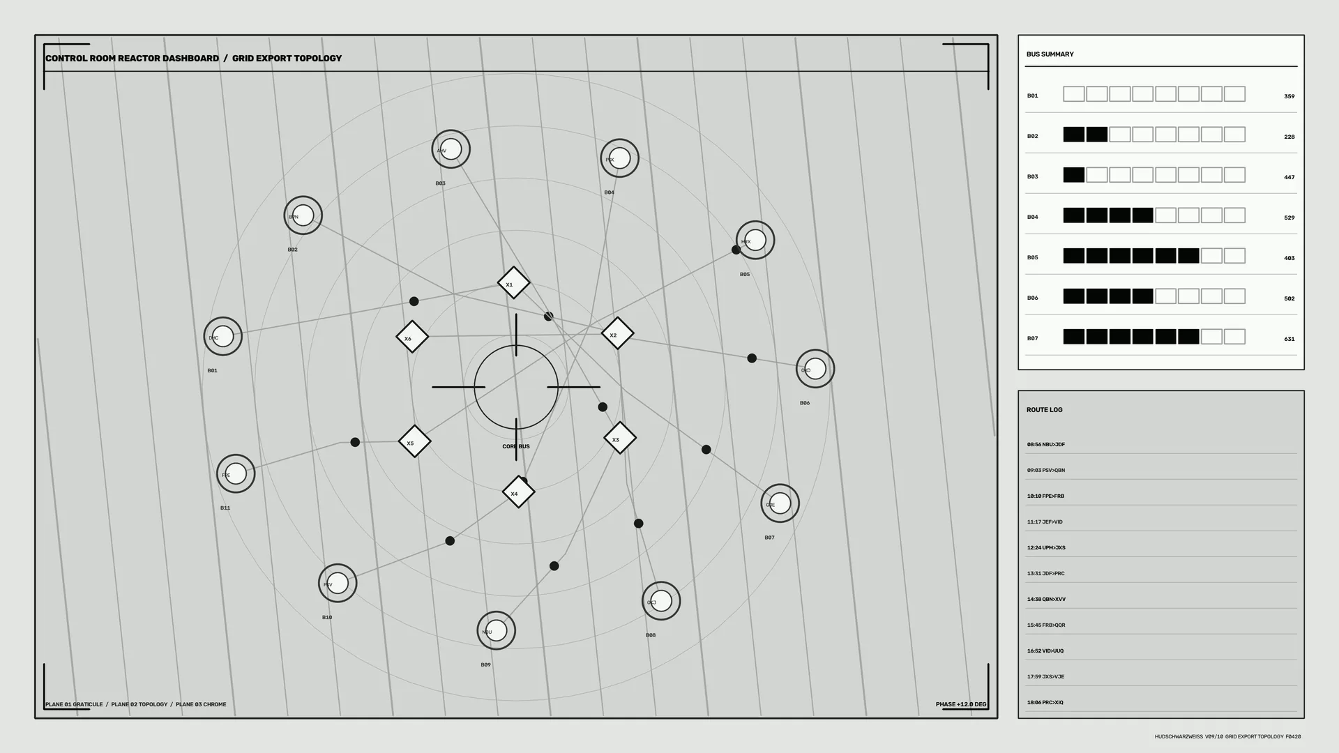 Monochrome reactor grid topology dashboard — free 3840x2160 4K wallpaper image
