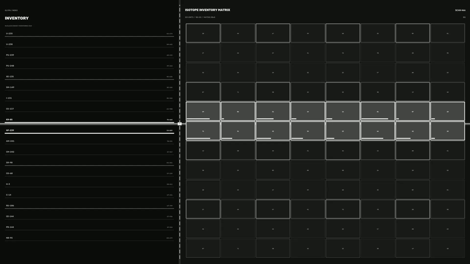 Monochrome isotope inventory matrix interface — free 3840x2160 4K wallpaper image