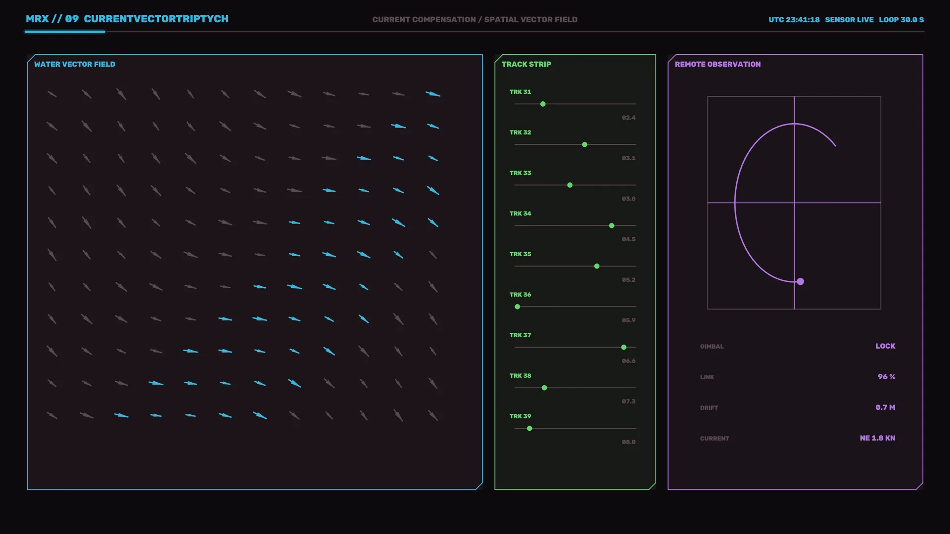 Dark vector field dashboard with orbital tracking panels — free 3840x2160 4K wallpaper image