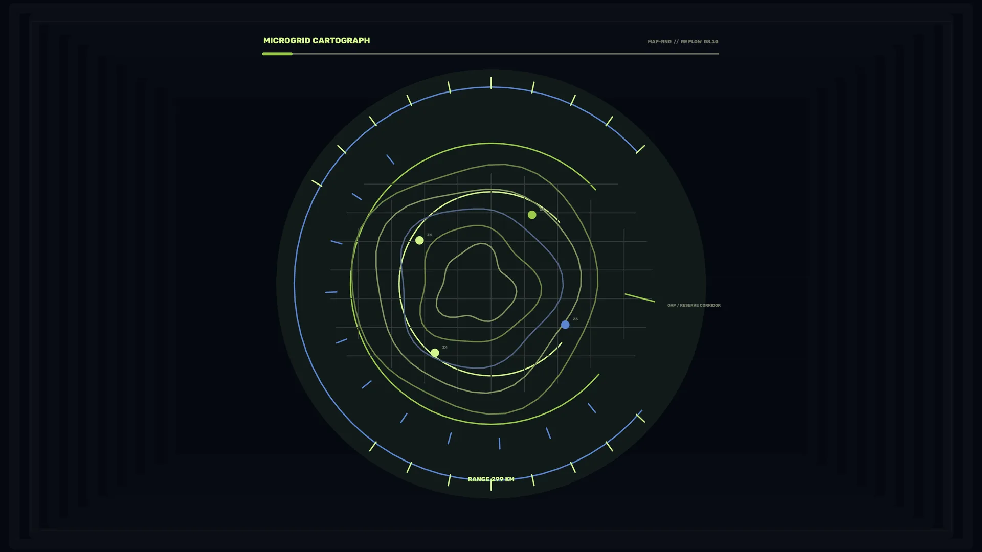 Concentric orbital cartography in lime and blue — free 3840x2160 4K wallpaper image