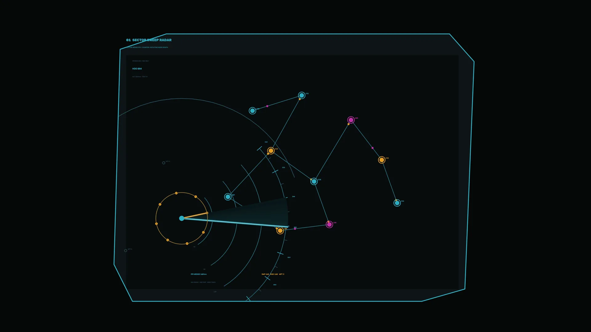 Cyan orbital network on a dark radar grid — free 3840x2160 4K wallpaper image