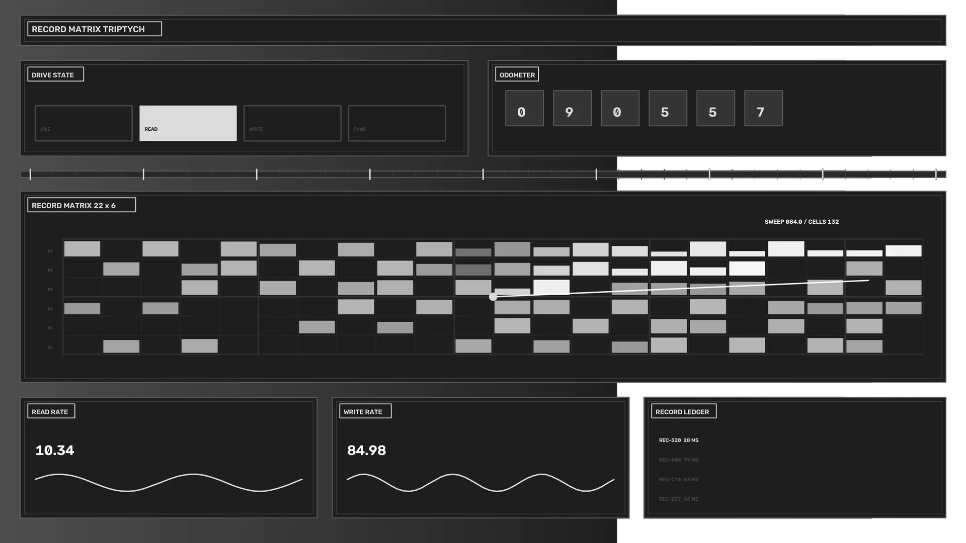 Monochrome technical matrix dashboard interface — free 3840x2160 4K wallpaper image