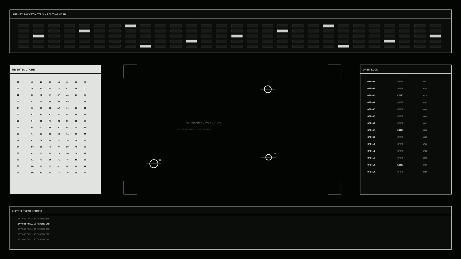 Monochrome planetary survey interface with orbit markers — free 3840x2160 4K wallpaper image