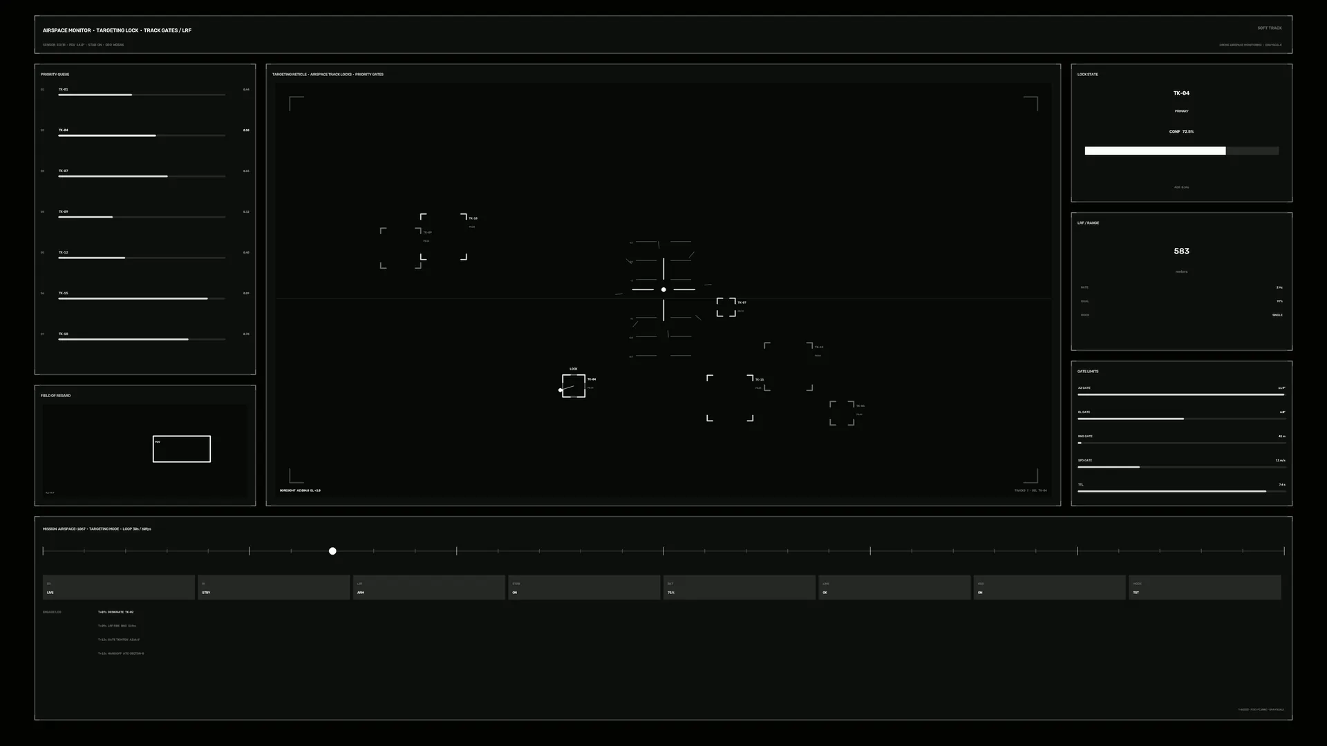 Dark aerospace targeting interface with tracking grids — free 3840x2160 4K wallpaper image