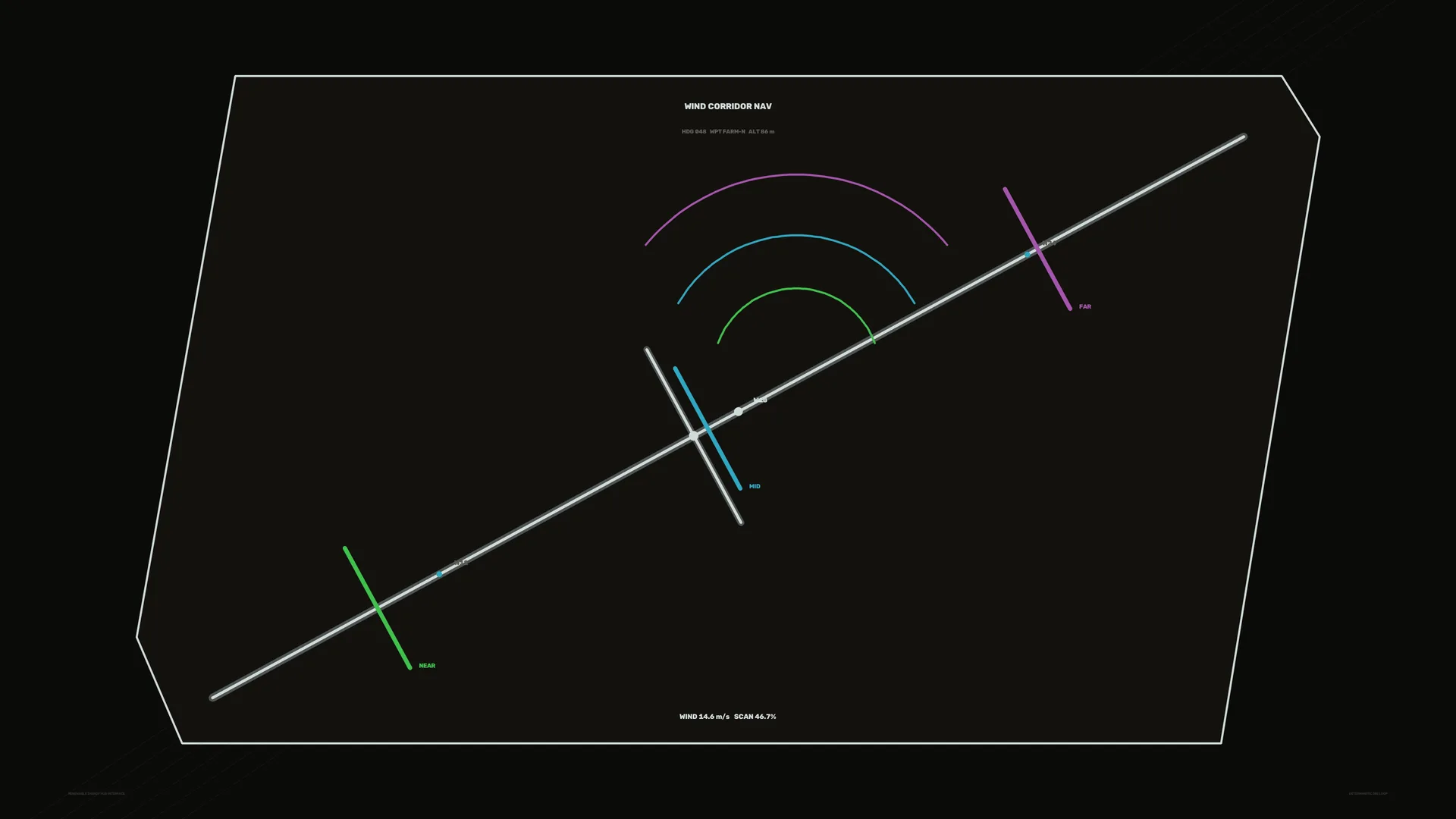 Wind corridor navigation diagram in neon arcs — free 3840x2160 4K wallpaper image