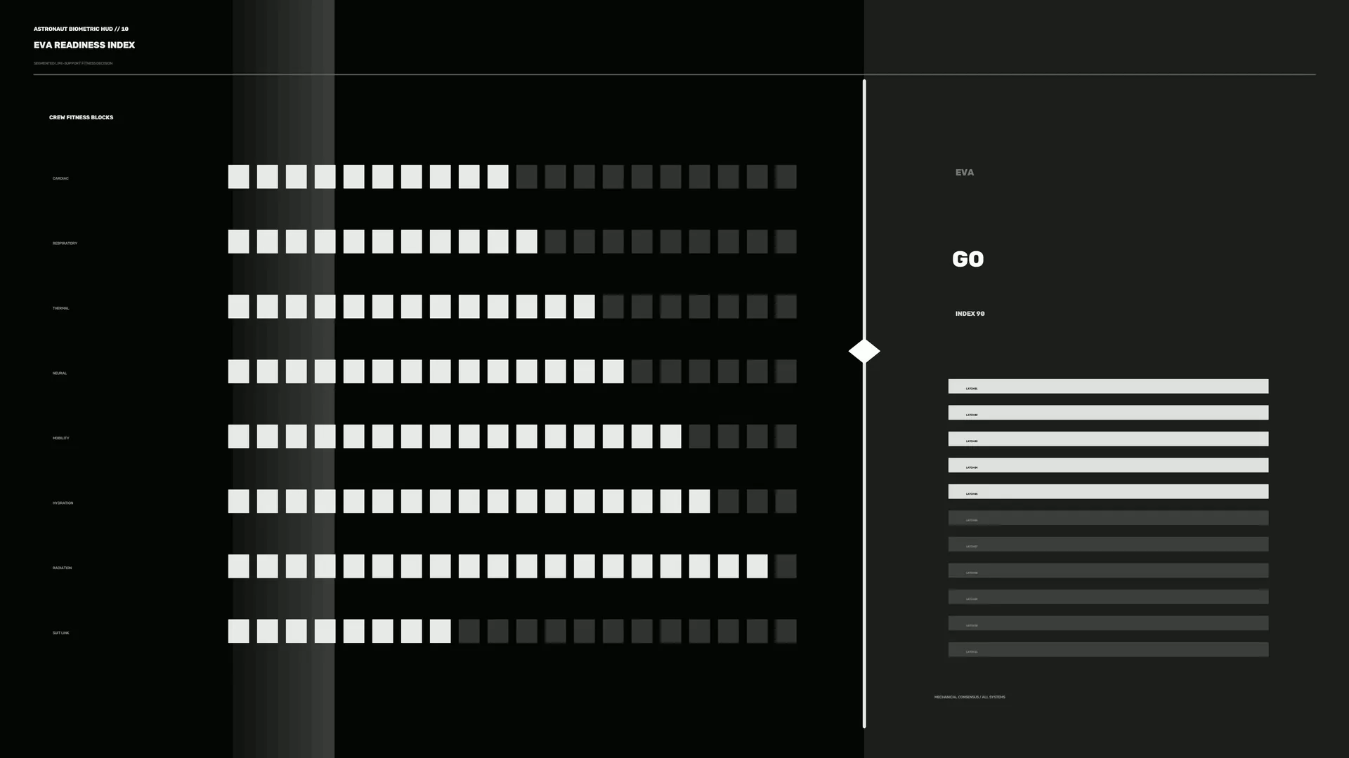 Monochrome spacecraft biometric index grid — free 3840x2160 4K wallpaper image