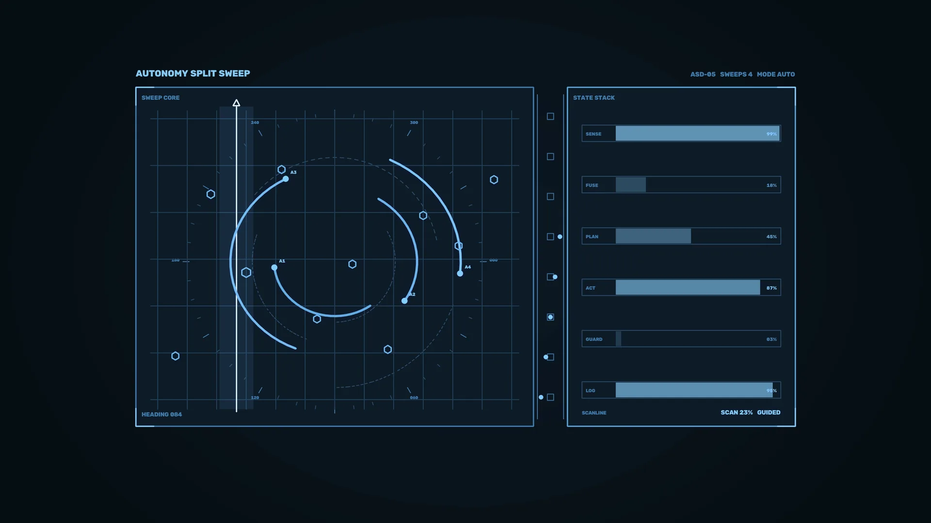 Blue orbital control grid with status panels — free 3840x2160 4K wallpaper image
