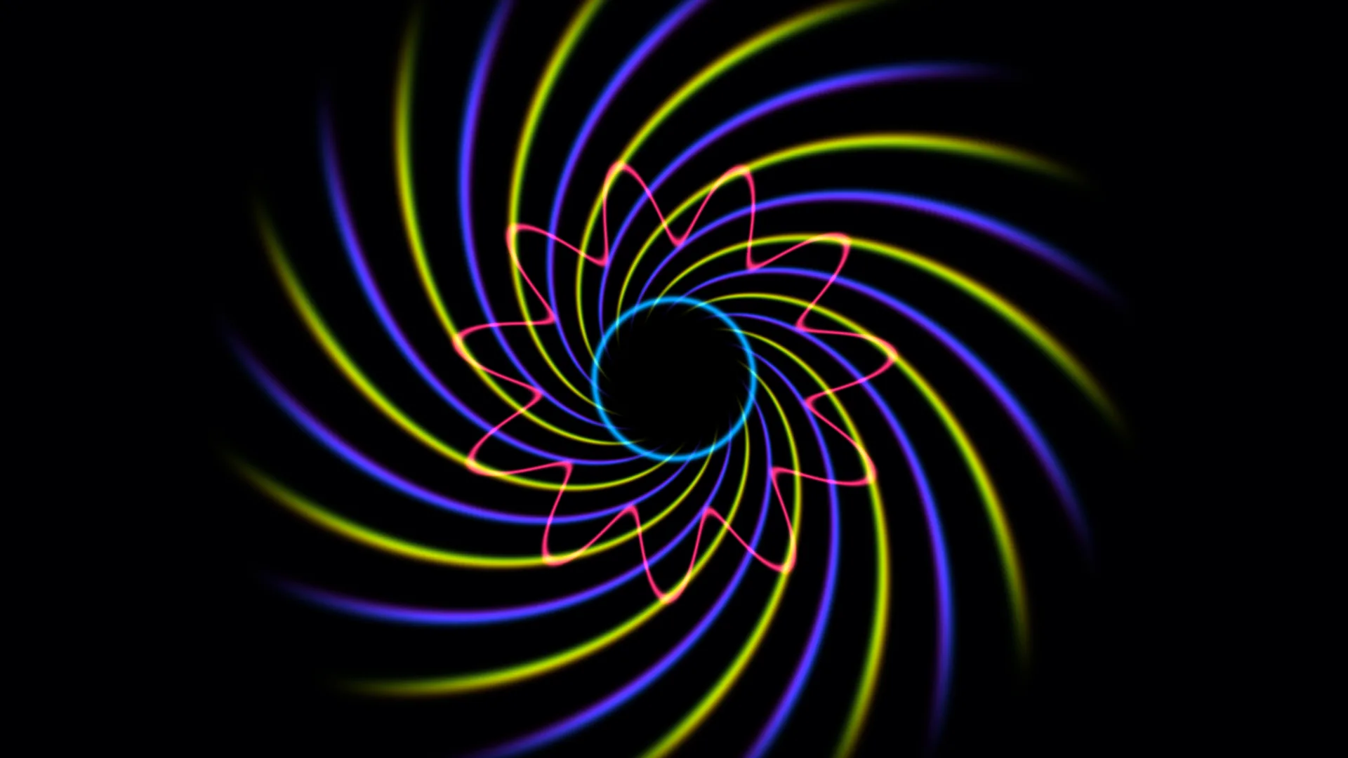 Neon spiral arcs on a black field — free 3840x2160 4K wallpaper image