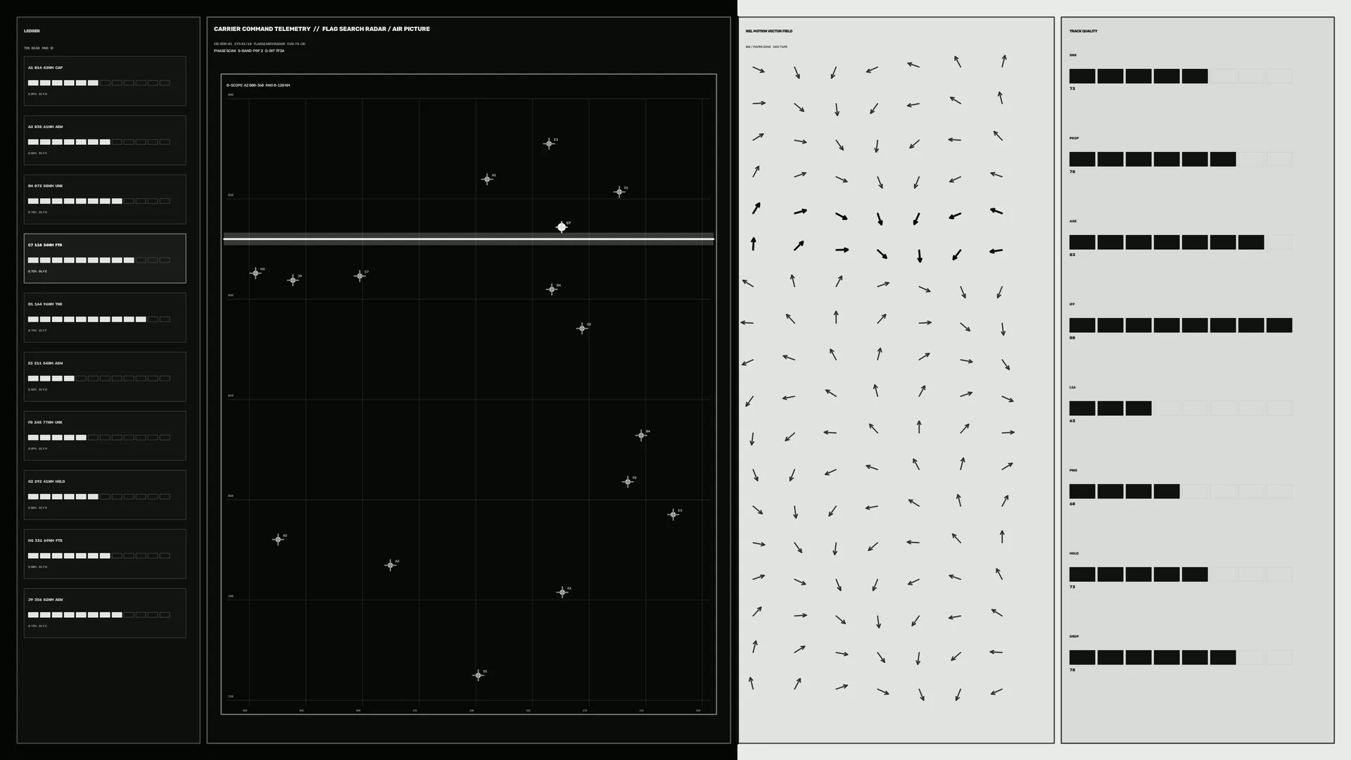 Monochrome radar telemetry interface with vector field — free 3840x2160 4K wallpaper image