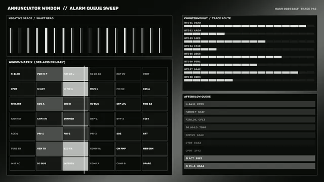 Monochrome alarm queue with trace panels — free 3840x2160 4K wallpaper image